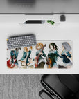 Cheerful teal blazers and warm guitar reds on a cozy anime girl mouse pad, 28x12 inches.