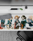 Cheerful teal blazers and warm guitar reds on a cozy anime girl desk pad 36x16 inches.