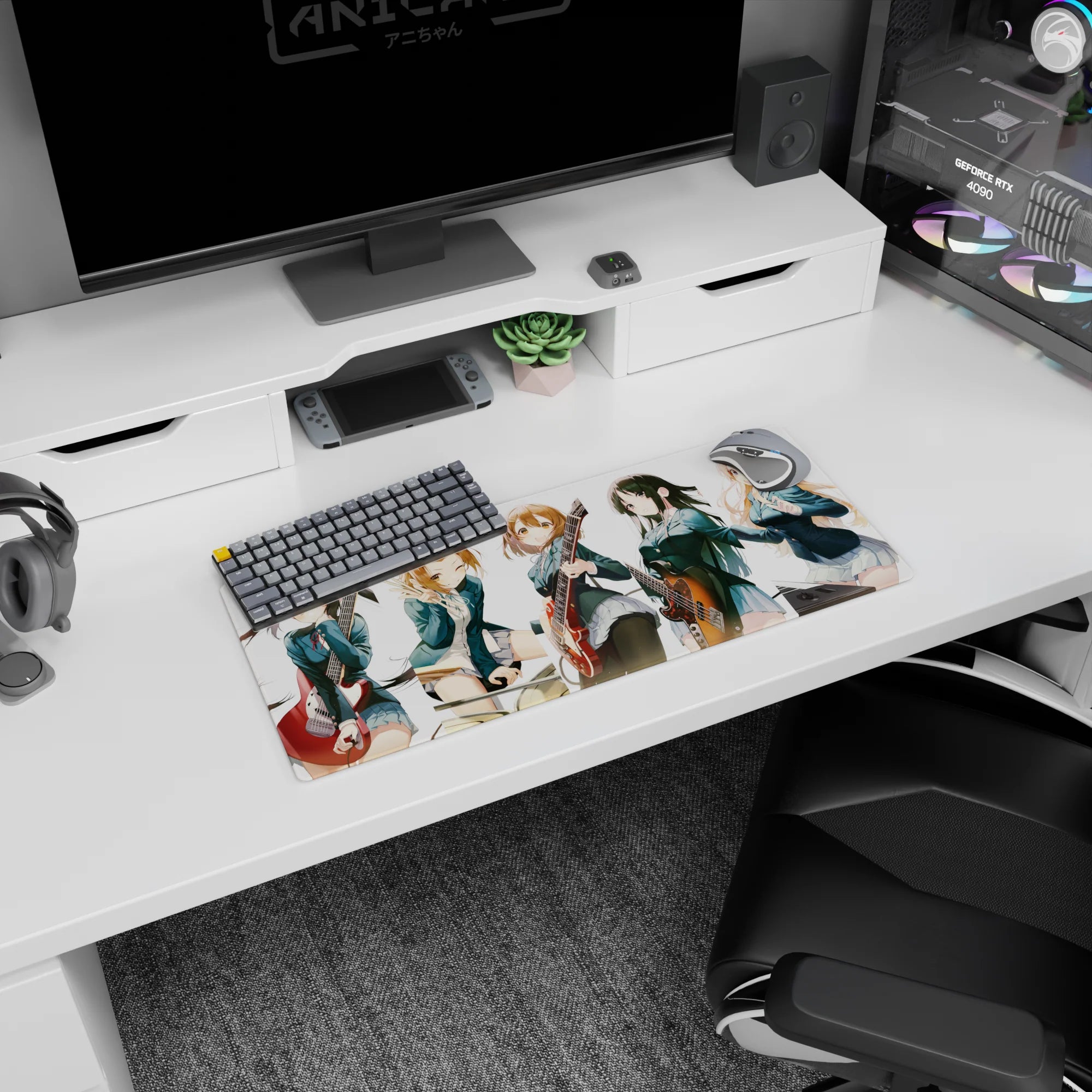 Azusa Nakano with Yui, Mio, Ritsu, and Mugi posing like rehearsal on mouse pad, 28x12 inches.