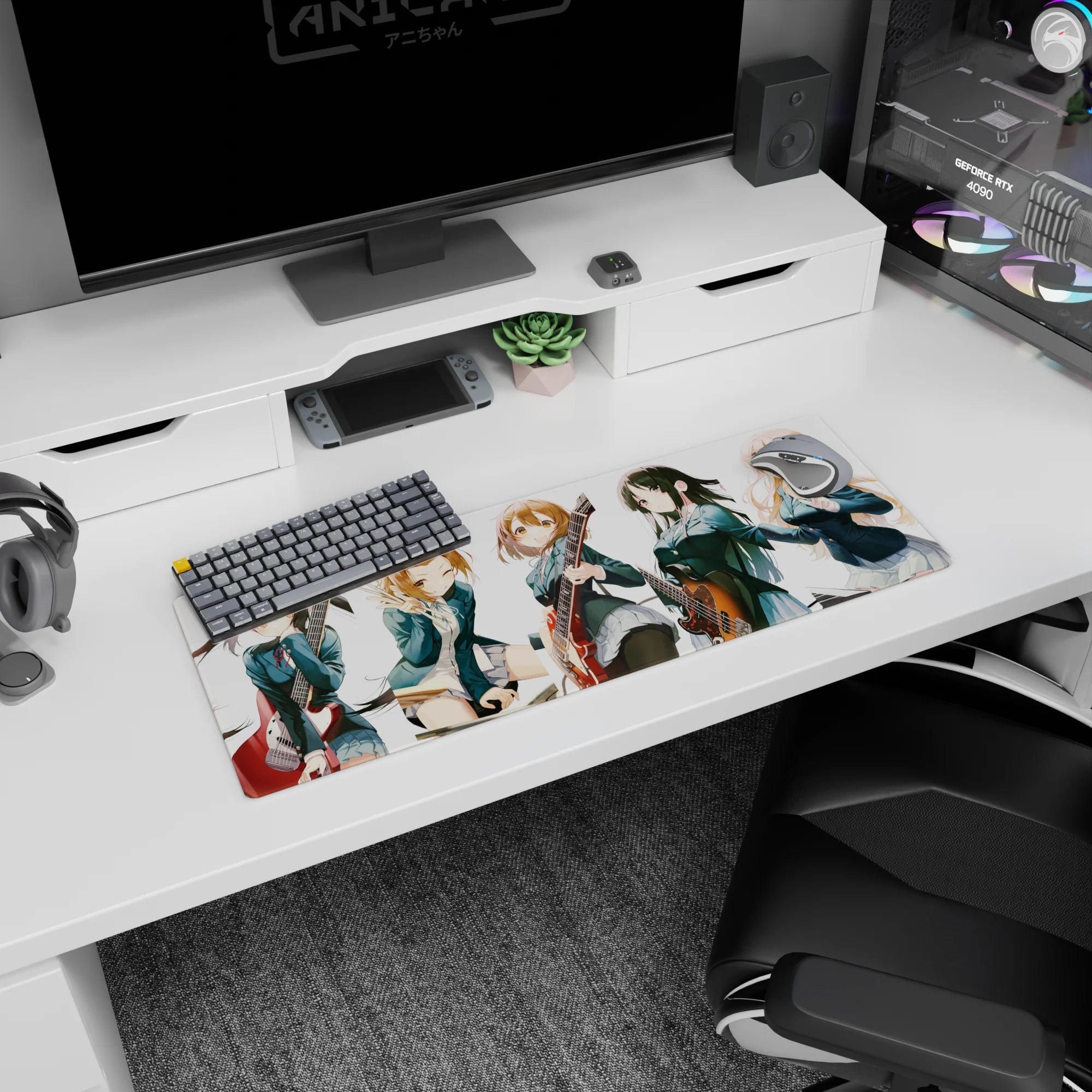 Azusa Nakano and K-ON! band rehearsal pose anime girl mouse pad 32x12 inches with drums and guitars.