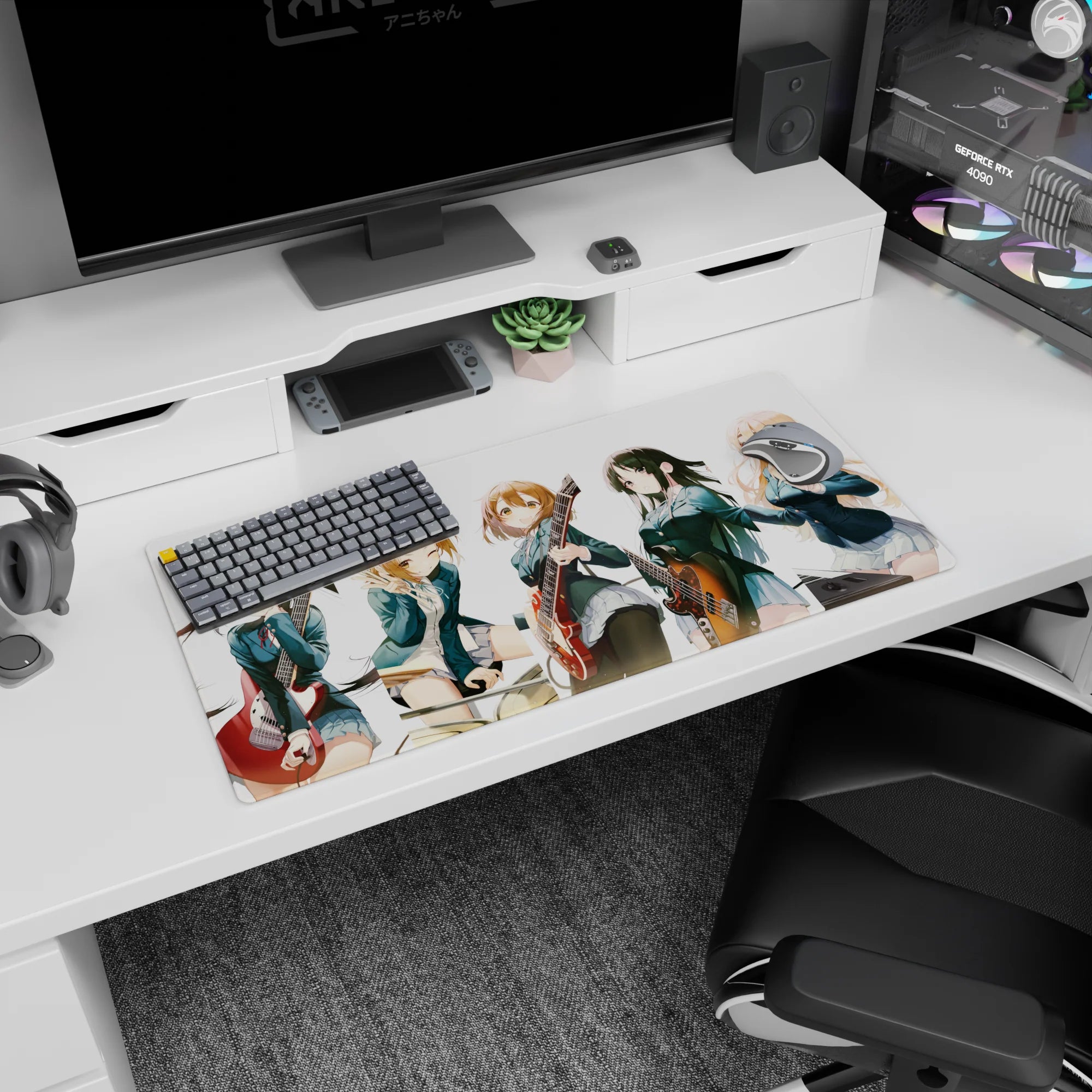 Azusa Nakano with Yui, Mio, Ritsu, and Mugi rehearsal pose anime girl mouse pad 32x16 inches.