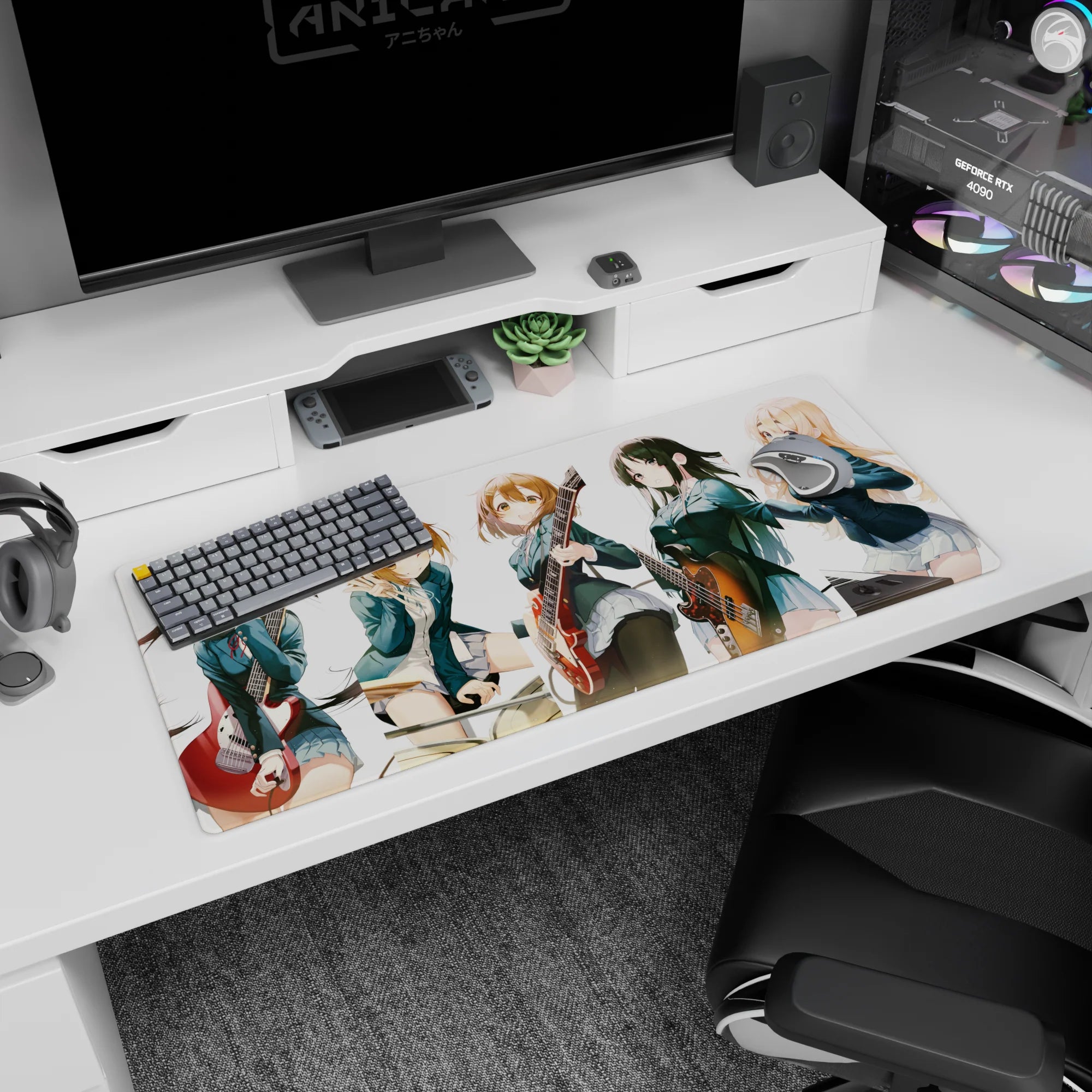 Azusa, Yui, Mio, Ritsu and Tsumugi lined up for rehearsal on anime desk pad 36x16 inches.