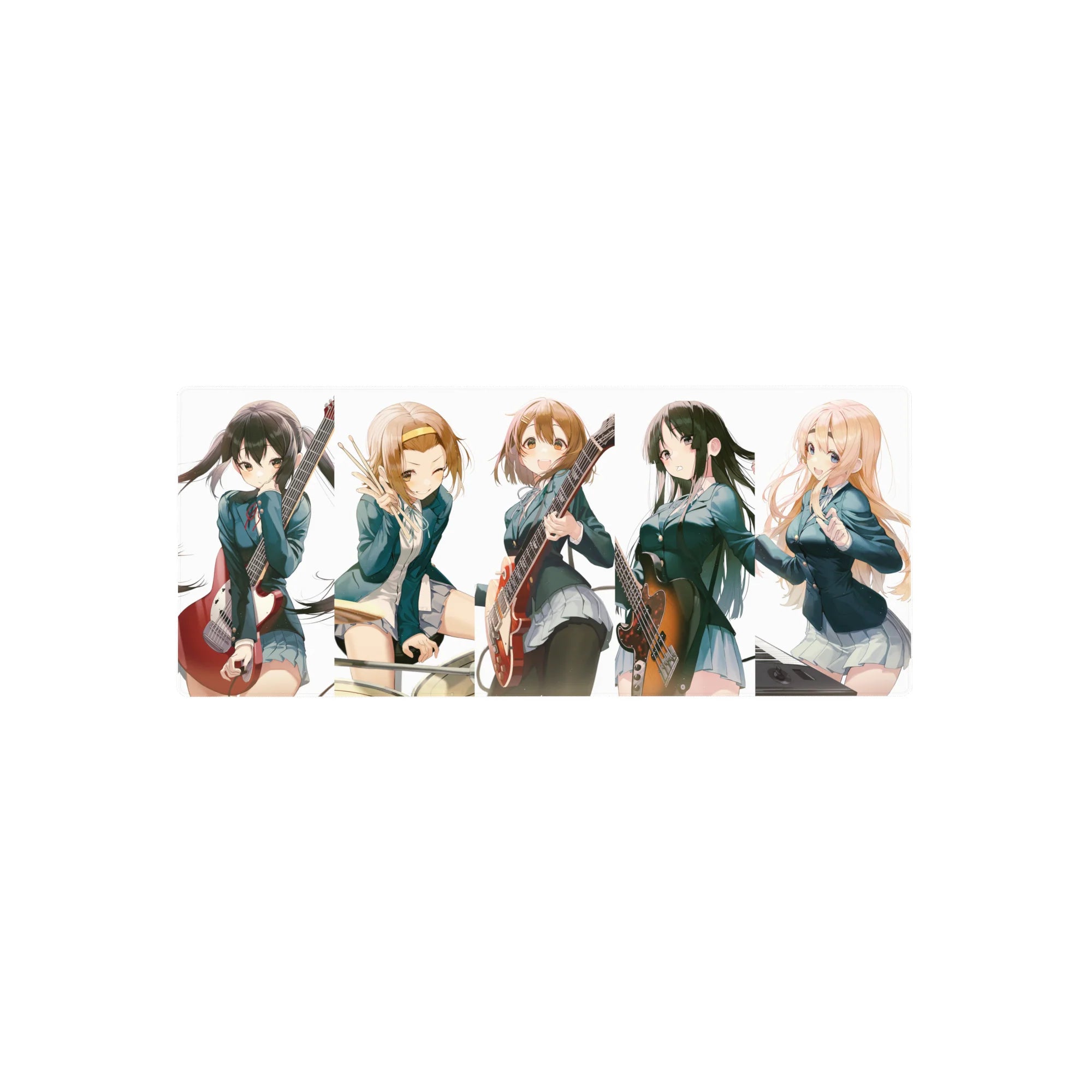 K-ON! band rehearsal anime girl mouse pad with five schoolgirls on white, 28x12 inches.