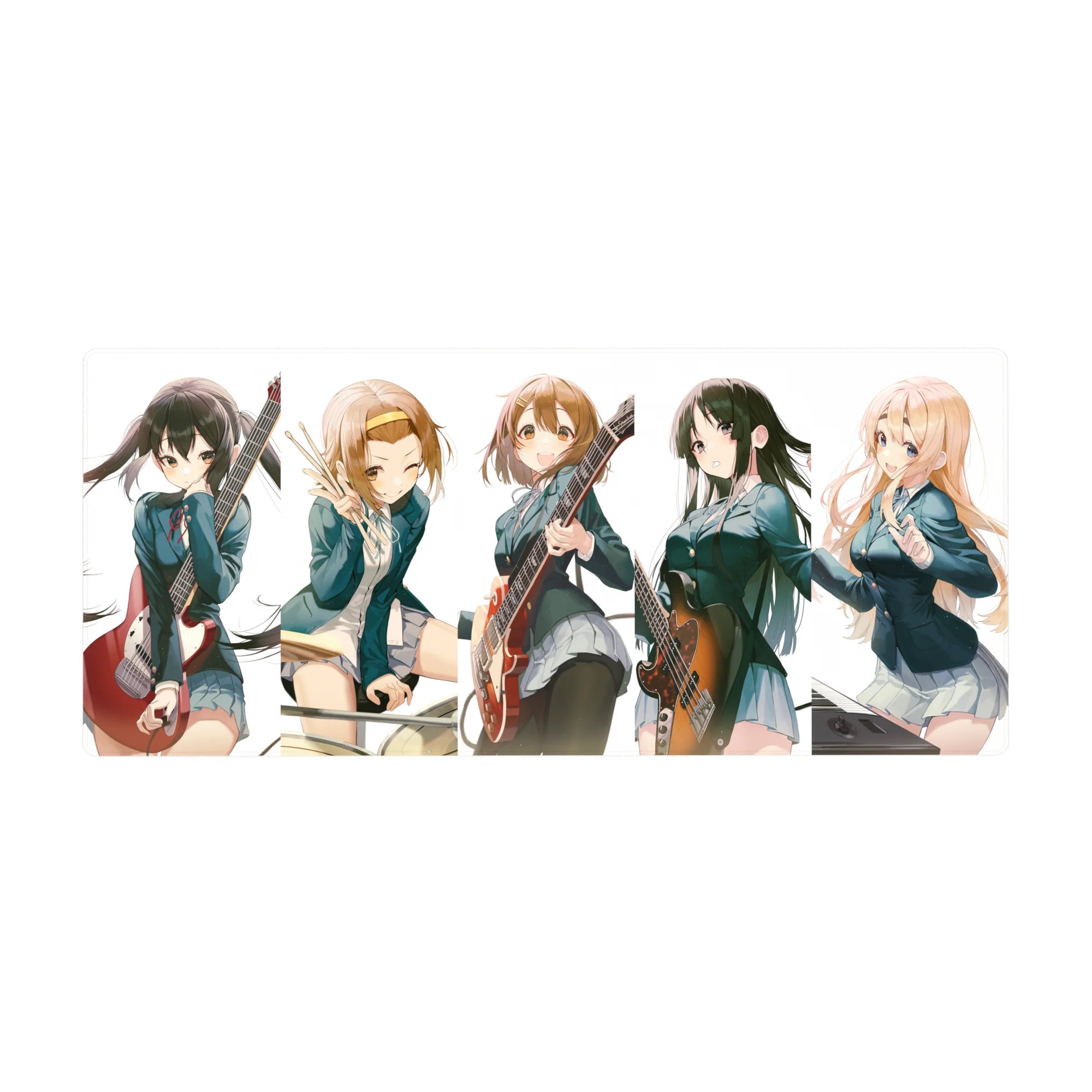 K-ON! anime girl desk pad 36x16 inches with five band members posing like a rehearsal on white.