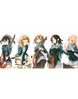 K-ON! anime girl desk pad 36x16 inches with five band members posing like a rehearsal on white.