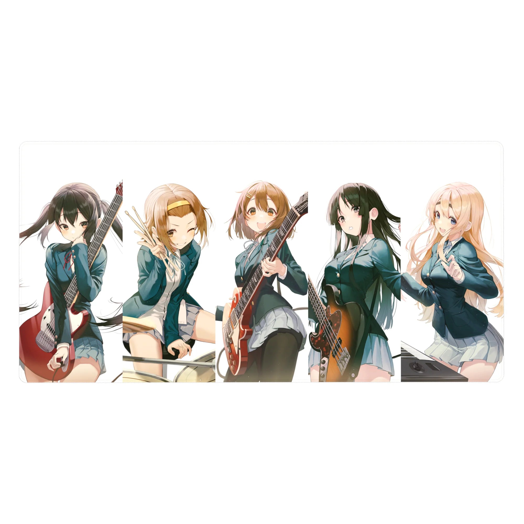 K-ON! anime girl desk pad 40x20 inches with the band posing in school blazers on clean white.