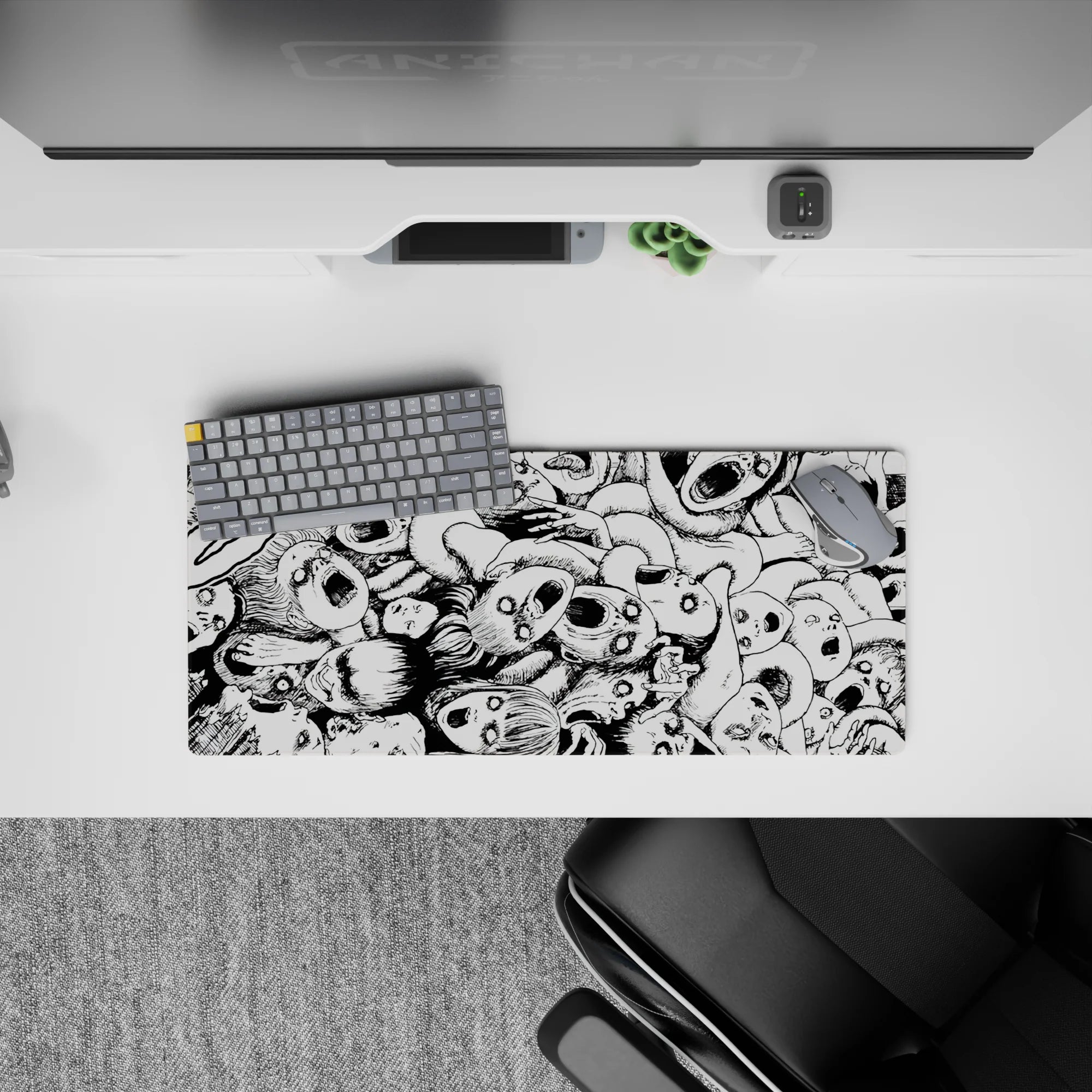 28x12 inches anime mouse pad in stark black and white, dark gritty mood with heavy shadows and hatching.