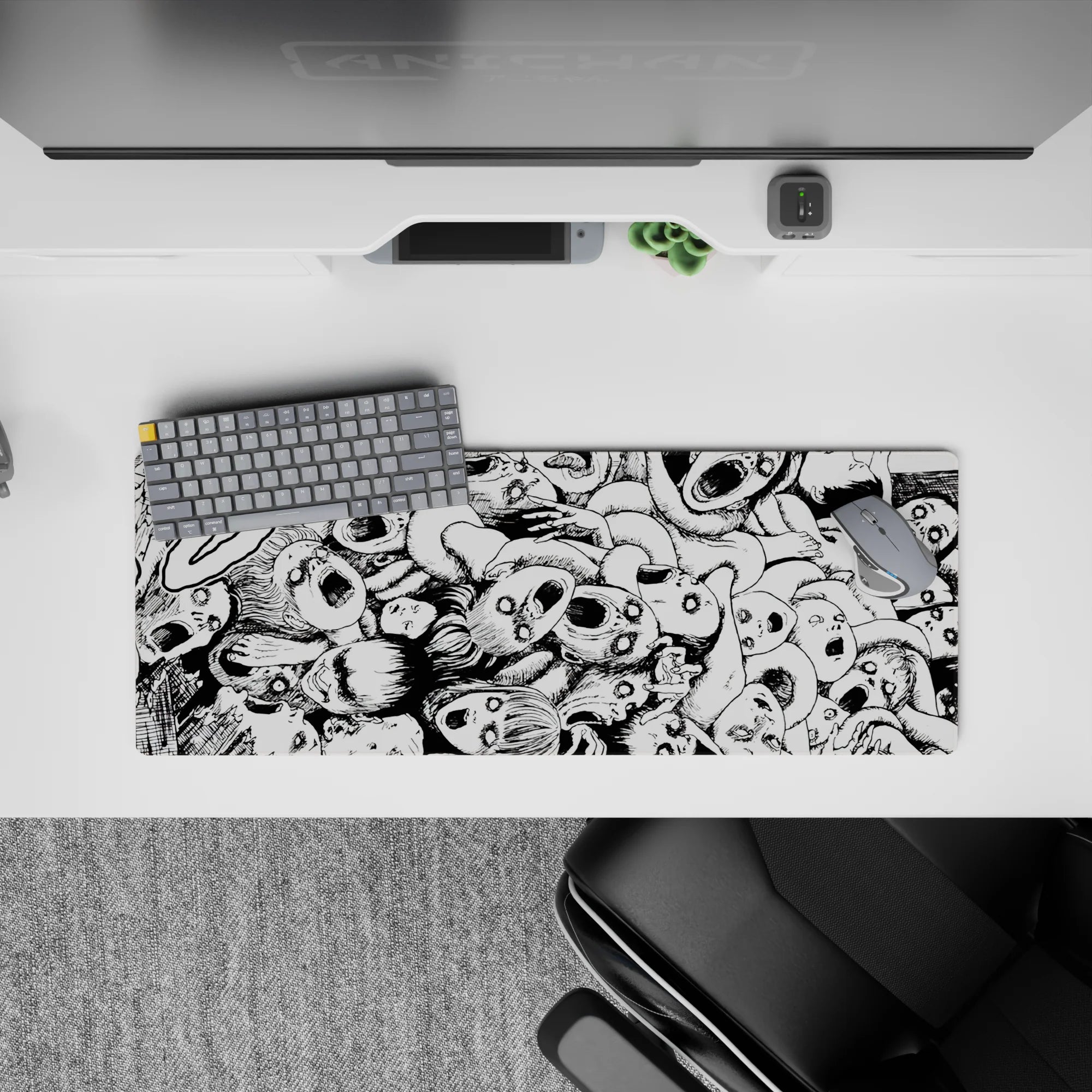 32x12 inches black-and-white anime mouse pad, dark gritty mood with heavy shadows and stark contrast.