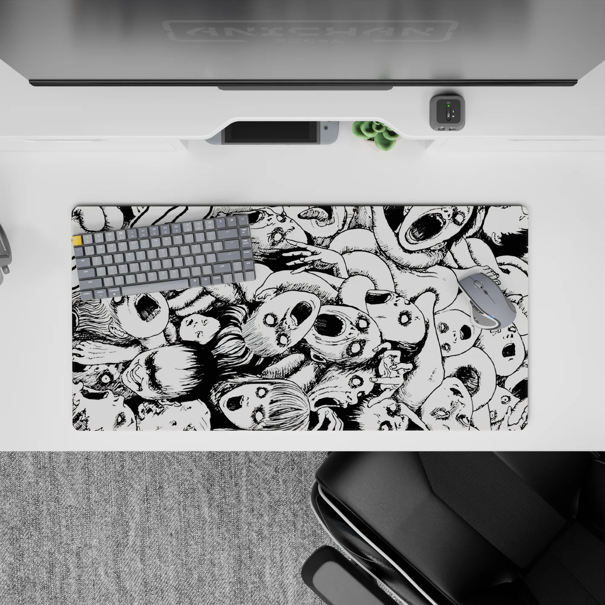 32x16 inches anime mouse pad in stark black-and-white, dark gritty mood with heavy shadows and hollow eyes.
