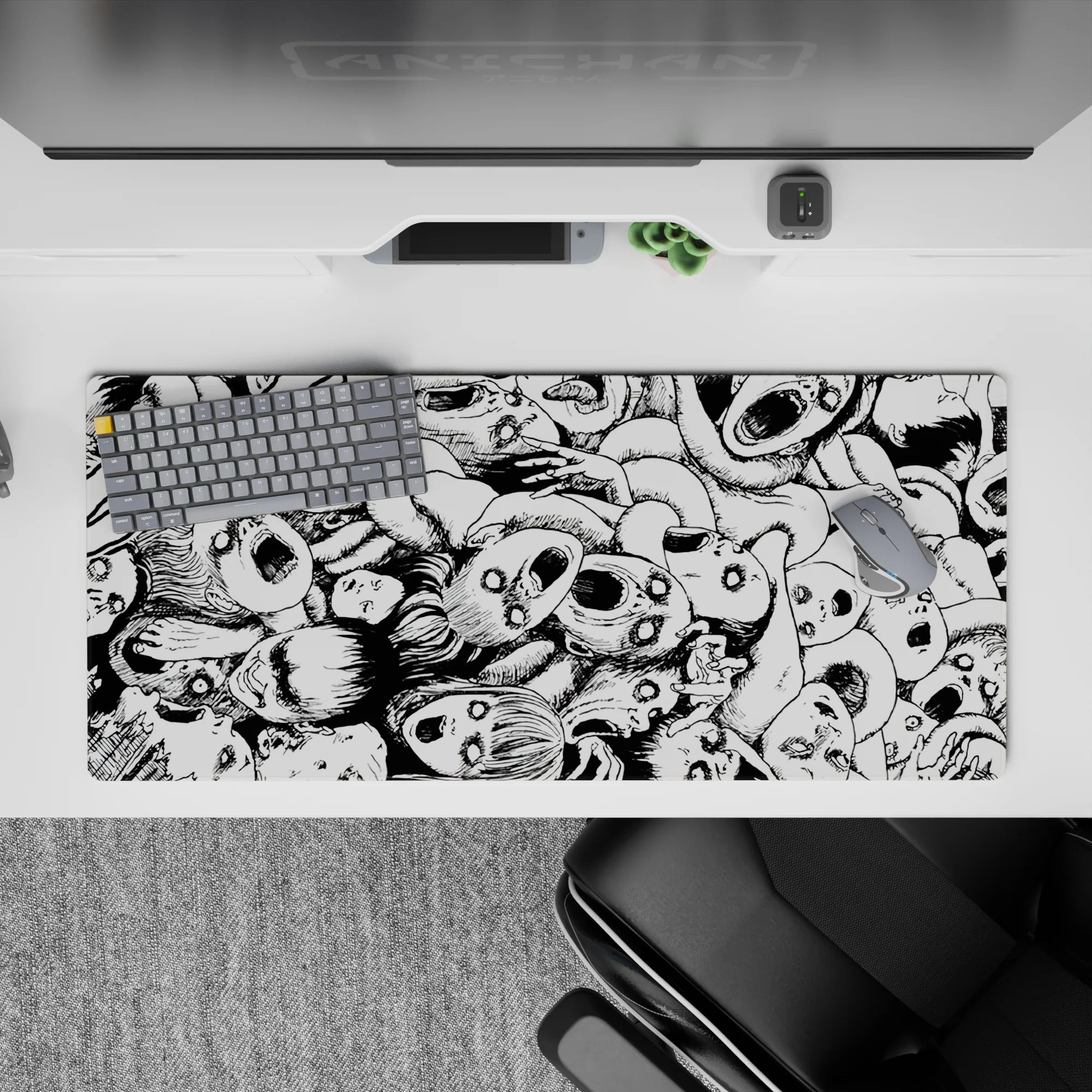 36x16 inches anime desk pad in stark black and white, grim chaotic horror mood with heavy ink shadows.