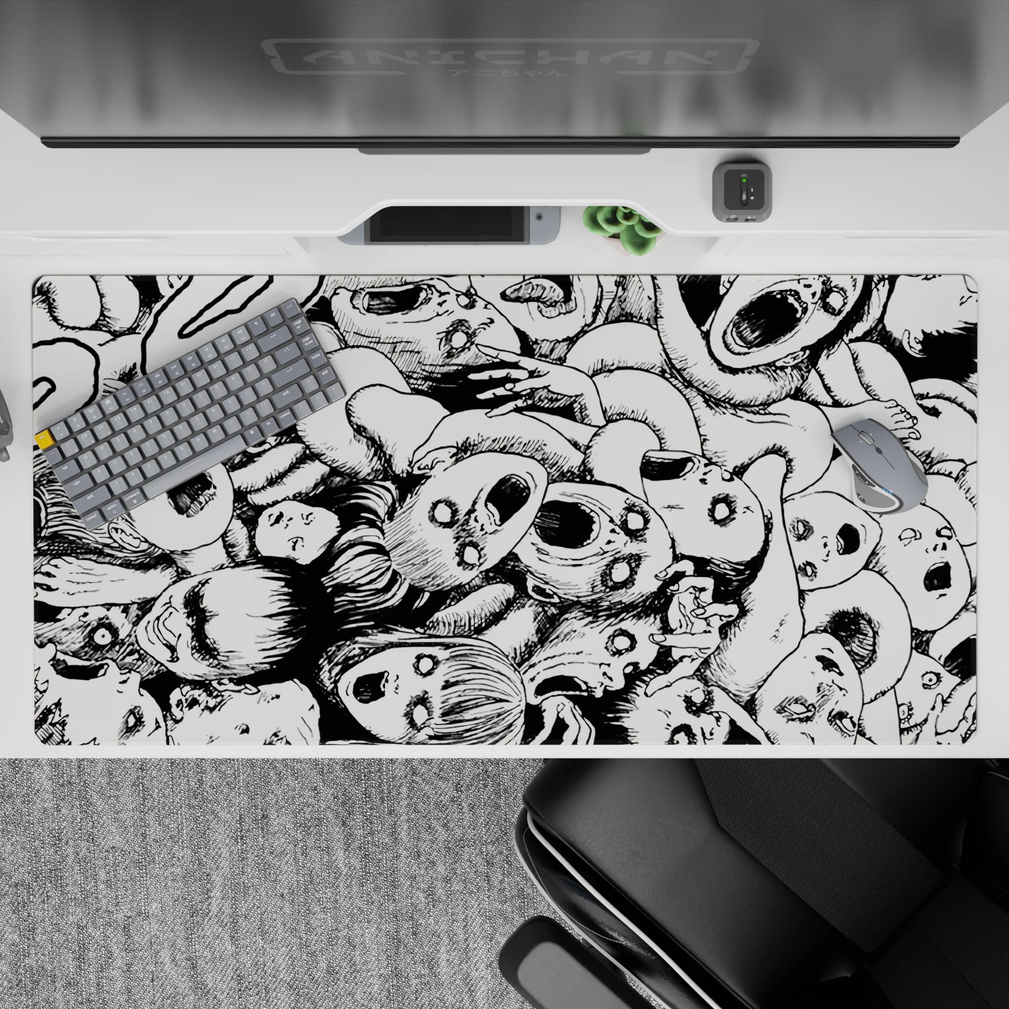 Dark monochrome anime desk pad 40x20 inches, heavy shadows and tight hatching with chaotic energy.