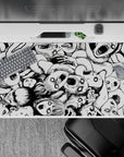 Dark monochrome anime desk pad 40x20 inches, heavy shadows and tight hatching with chaotic energy.