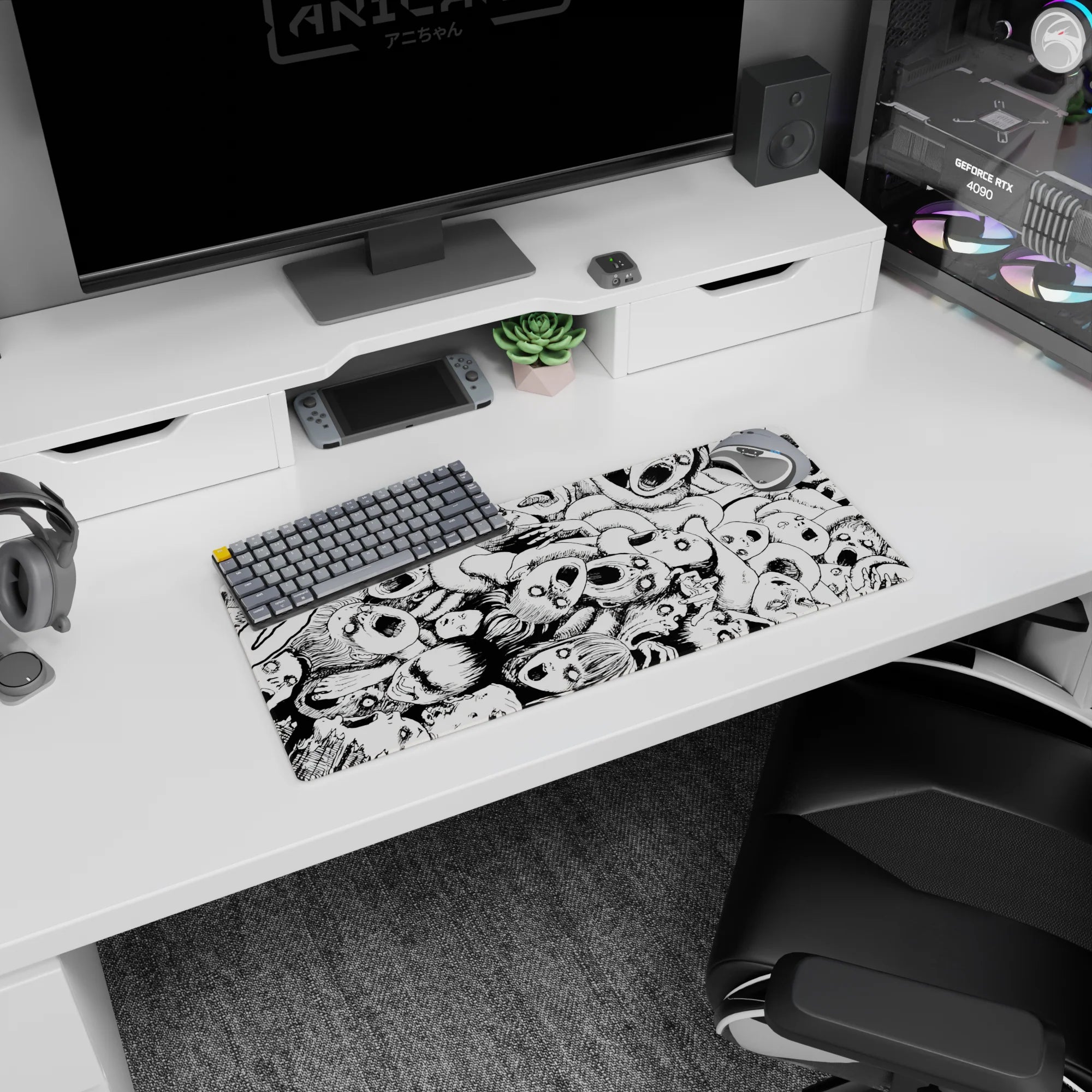 28x12 inches anime mouse pad showing a hypnotic swirl of skull-masked faces and hollow eyes in manga ink.
