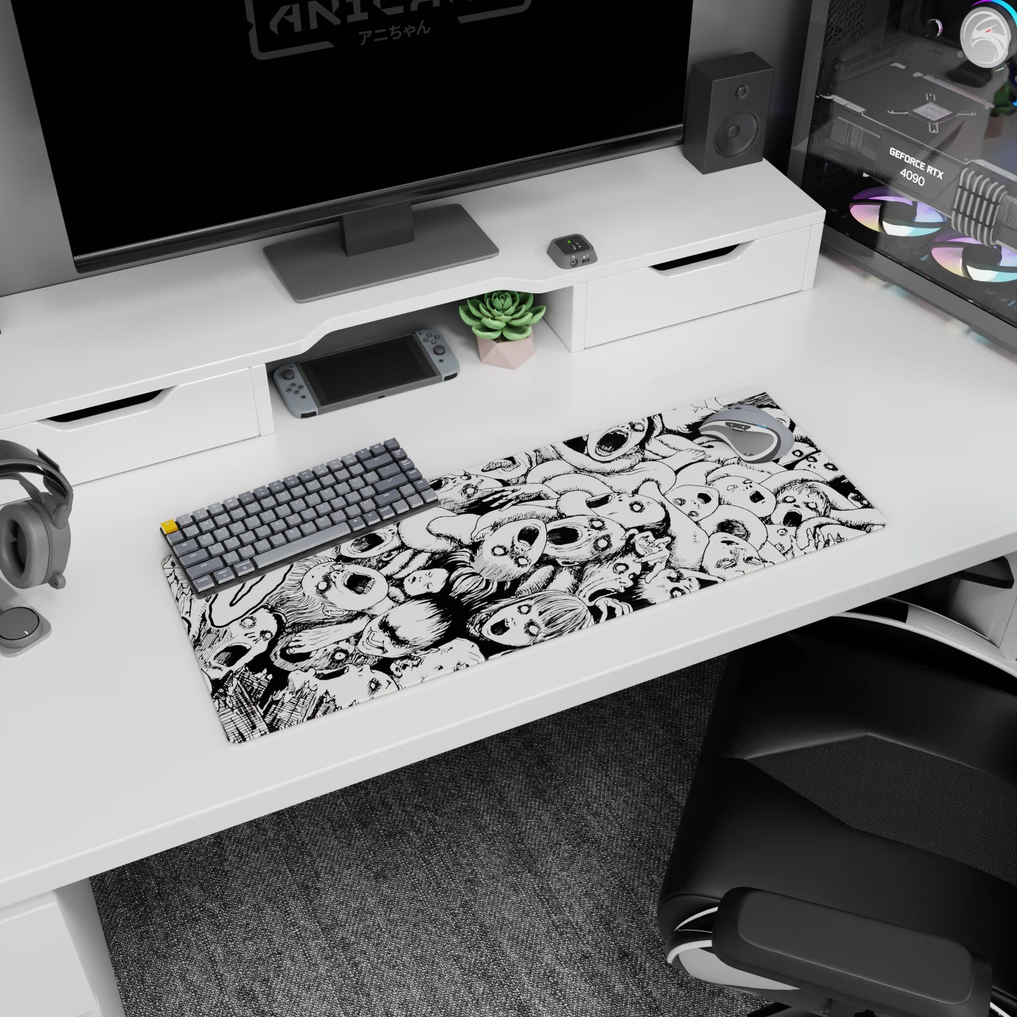 32x12 inches anime mouse pad showing a swirling pile of hollow-eyed masked faces and overlapping bodies.