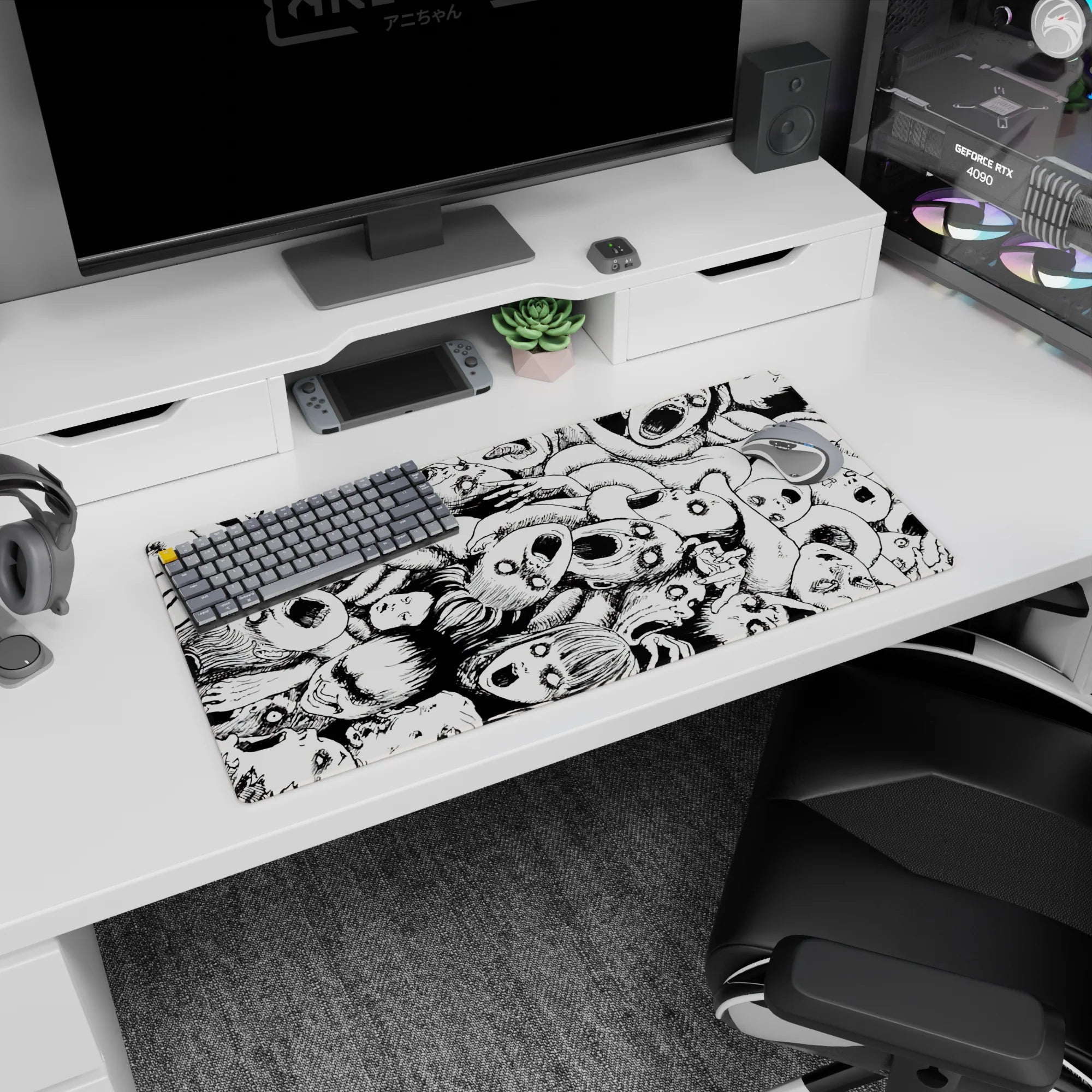 32x16 inches anime mouse pad showing a swirling pile of skull-like masks and overlapping bodies in inked manga art.