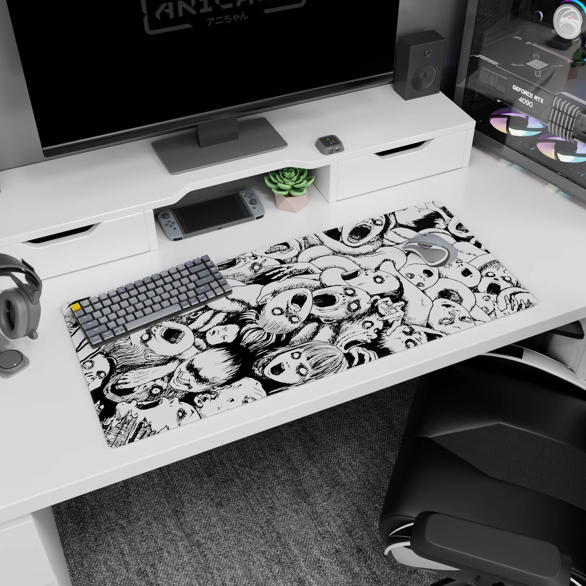 36x16 inches anime desk pad showing a swirling pile of skull-mask faces and hollow eyes in a gritty scene.