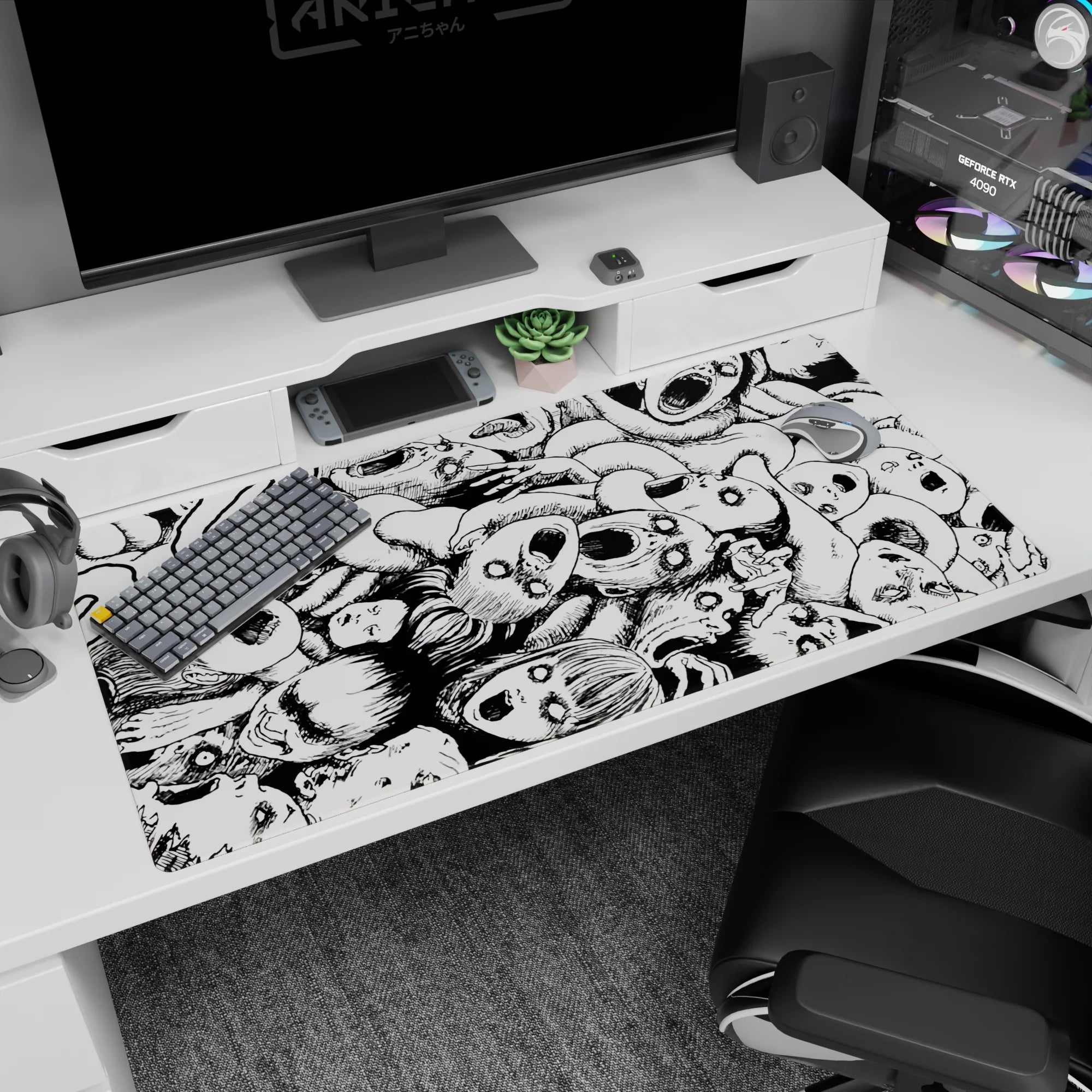 Swirling pile of skull-masked faces and hollow eyes anime desk pad 40x20 inches in stark ink.