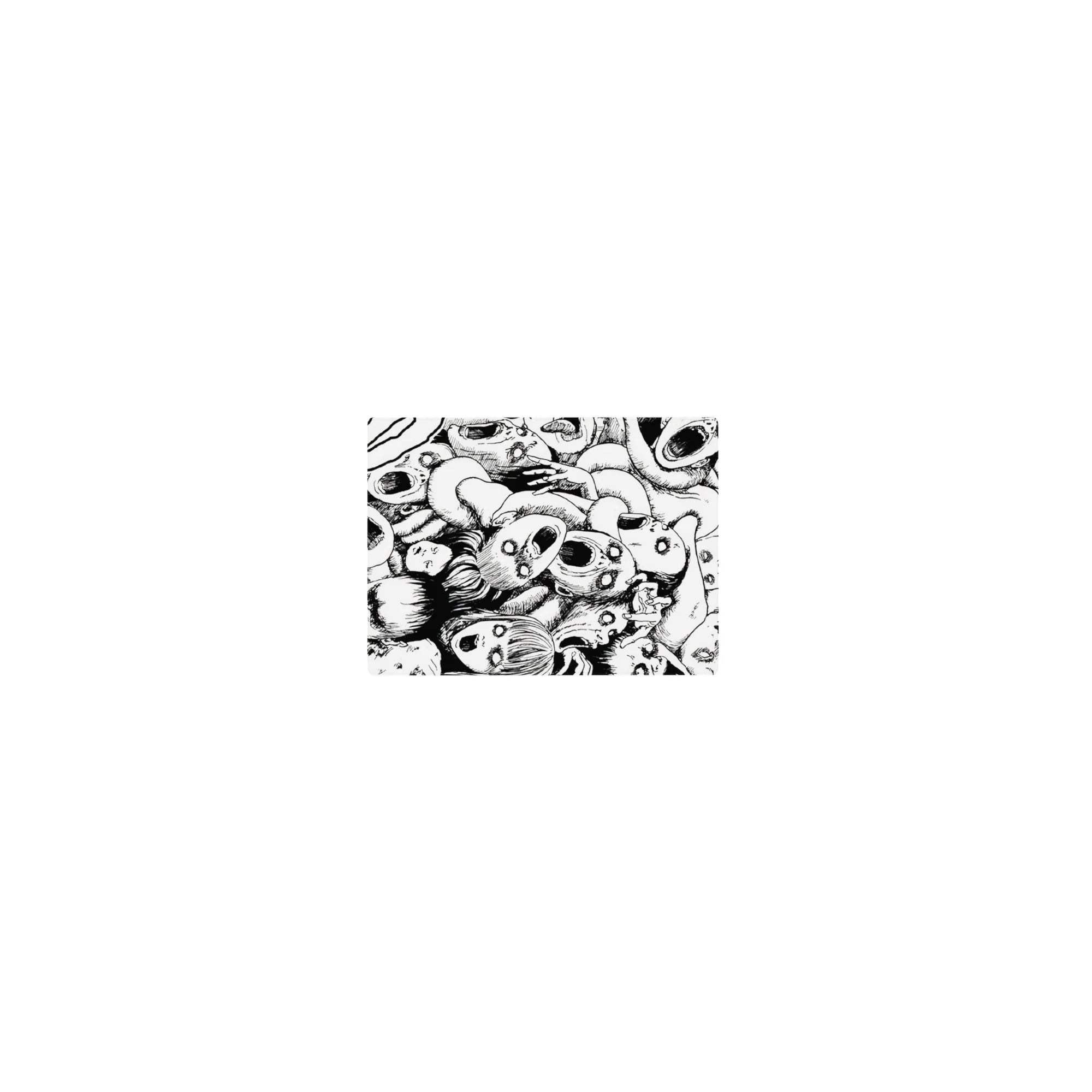 14x10 inches classic anime mouse pad with chaotic manga-style faces, twisting limbs, and heavy hatching.