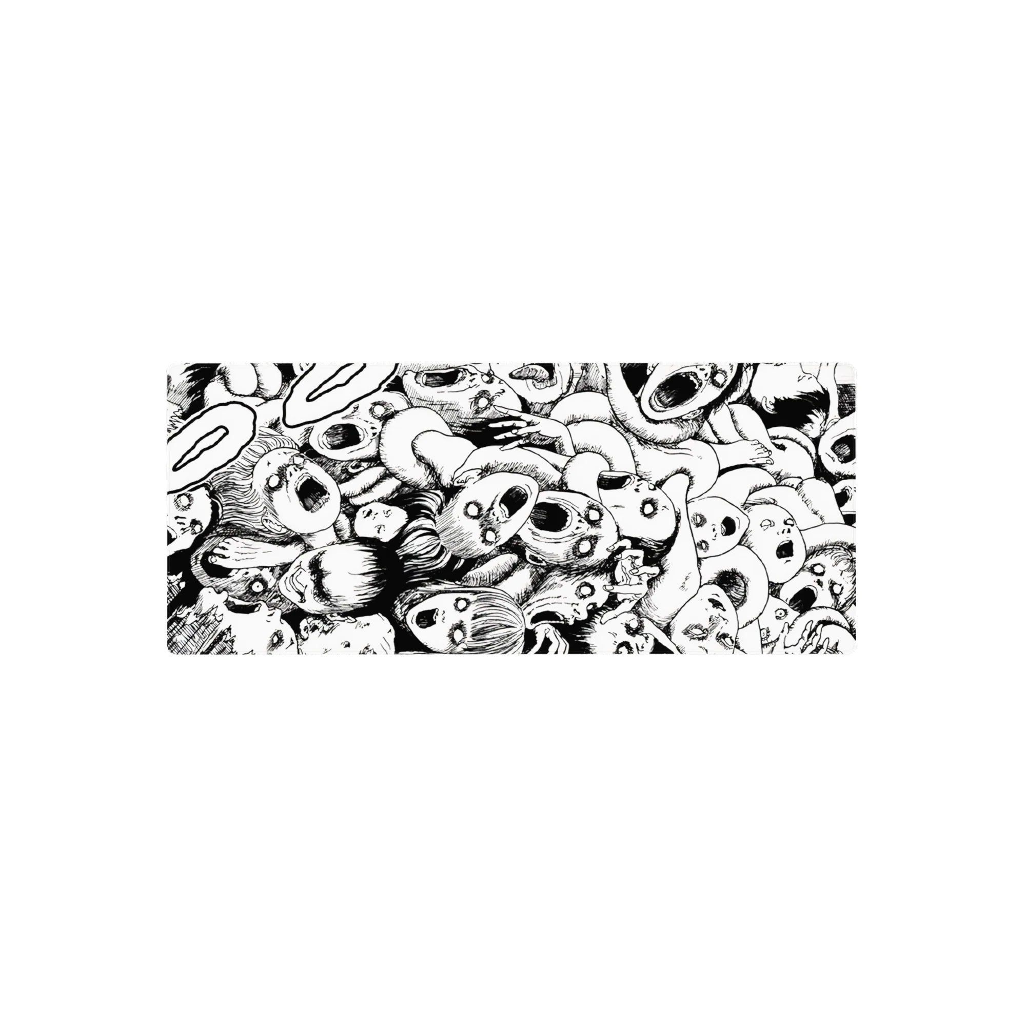 28x12 inches anime mouse pad with chaotic black-and-white screaming faces and twisting limbs manga art.
