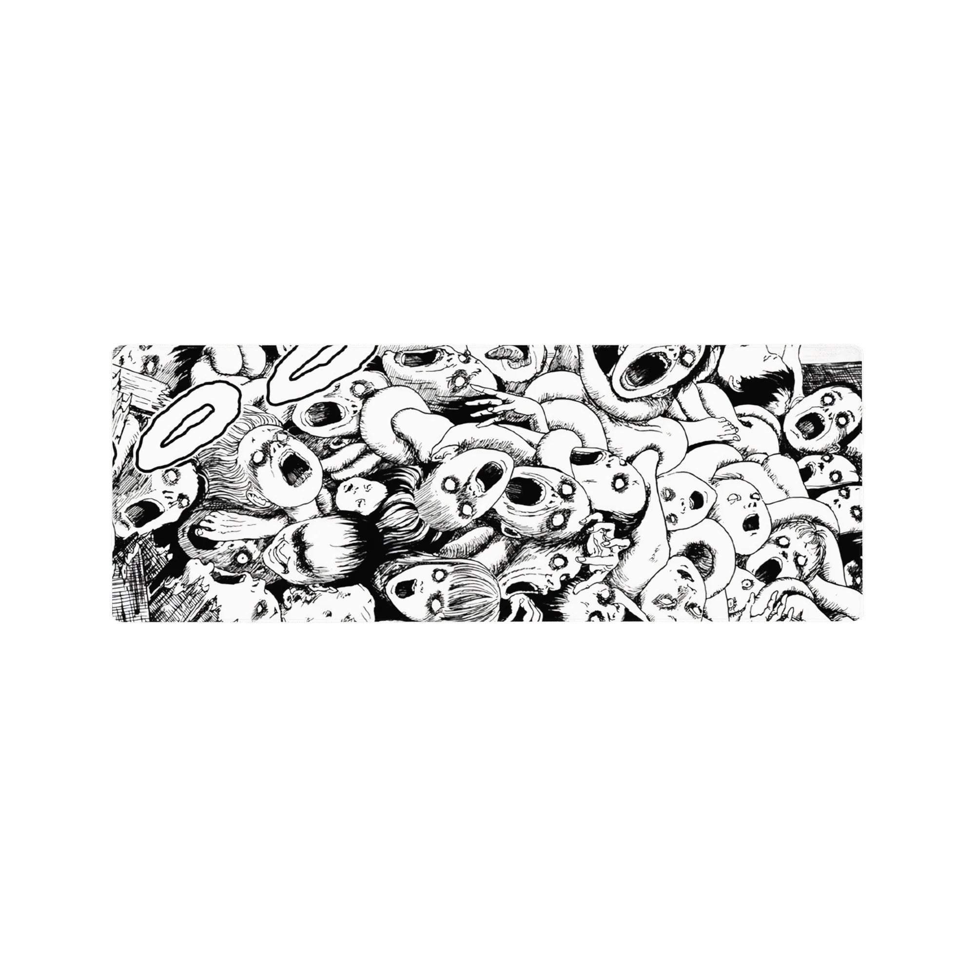 32x12 inches anime mouse pad with chaotic manga-style screaming faces and twisting limbs in dense linework.