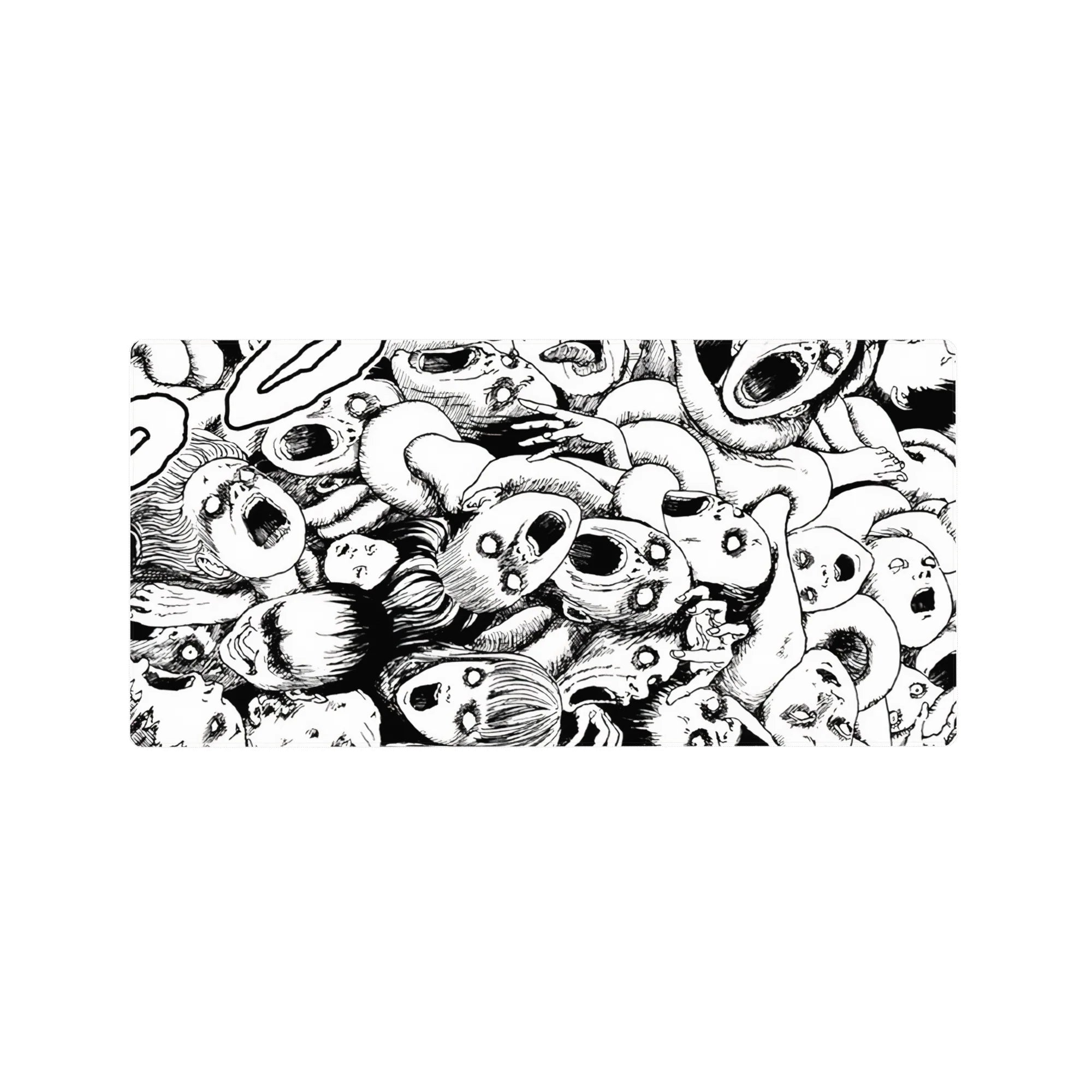 32x16 inches anime mouse pad with chaotic black-and-white screaming faces, limbs, and manga-style hatching.