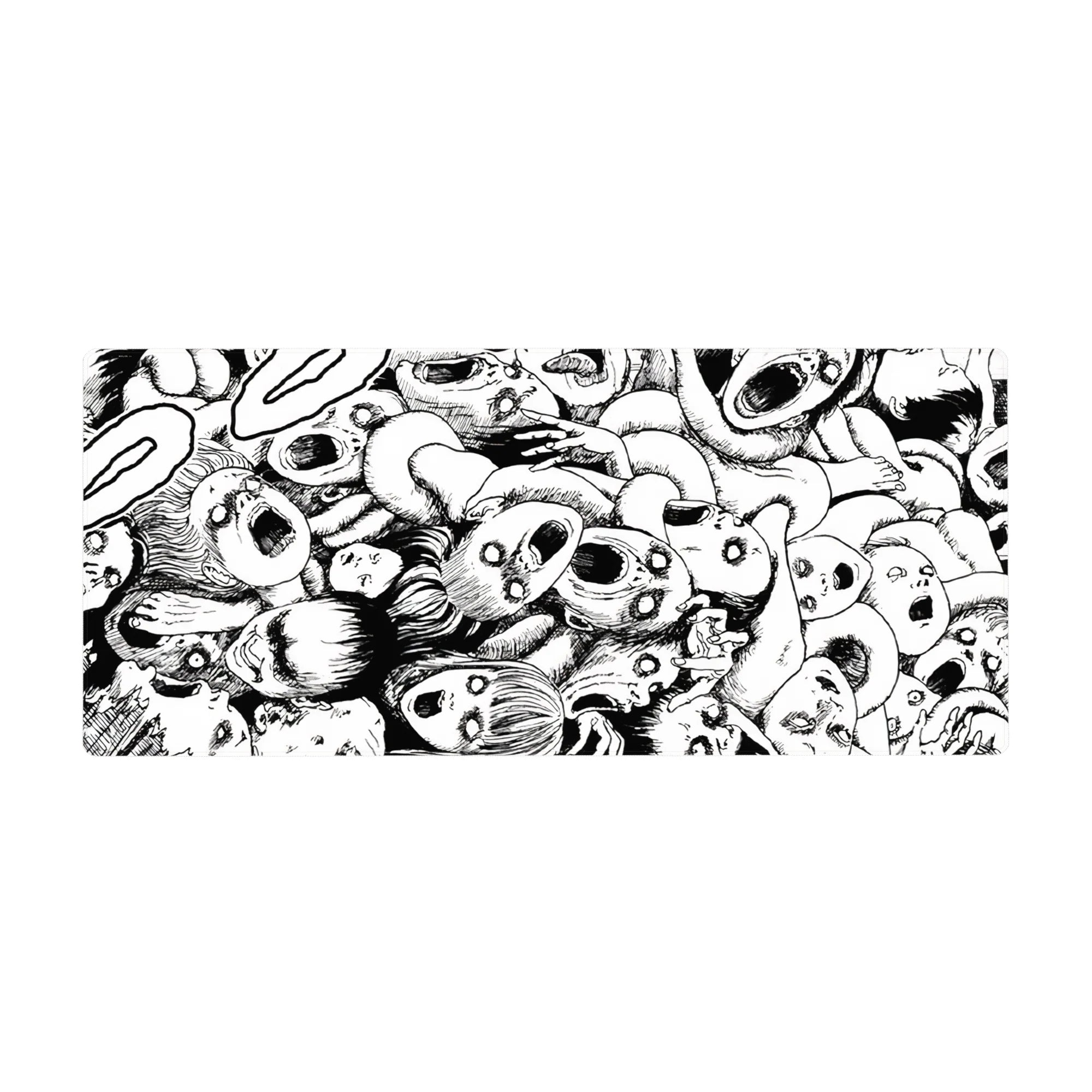 36x16 inches anime desk pad with black-and-white screaming faces, twisted limbs, and dense manga hatching.