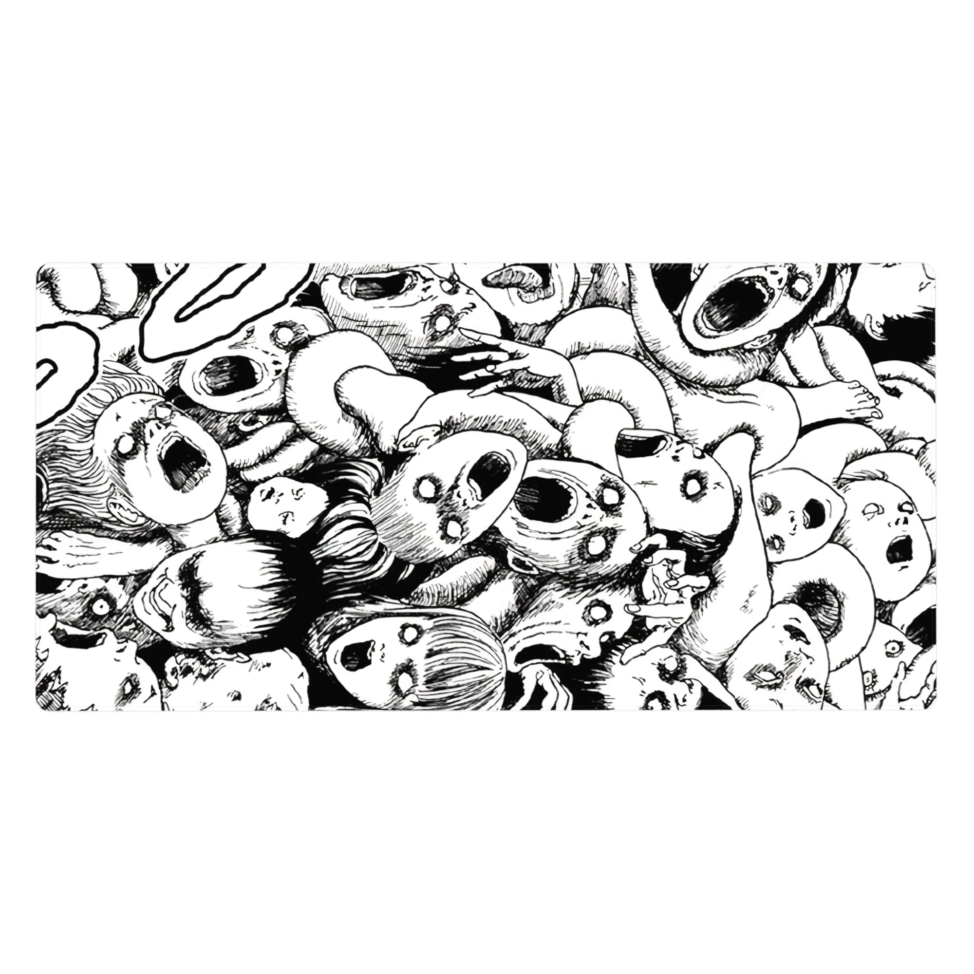 Black-and-white manga horror collage desk pad 40x20 inches with screaming faces and twisted limbs.