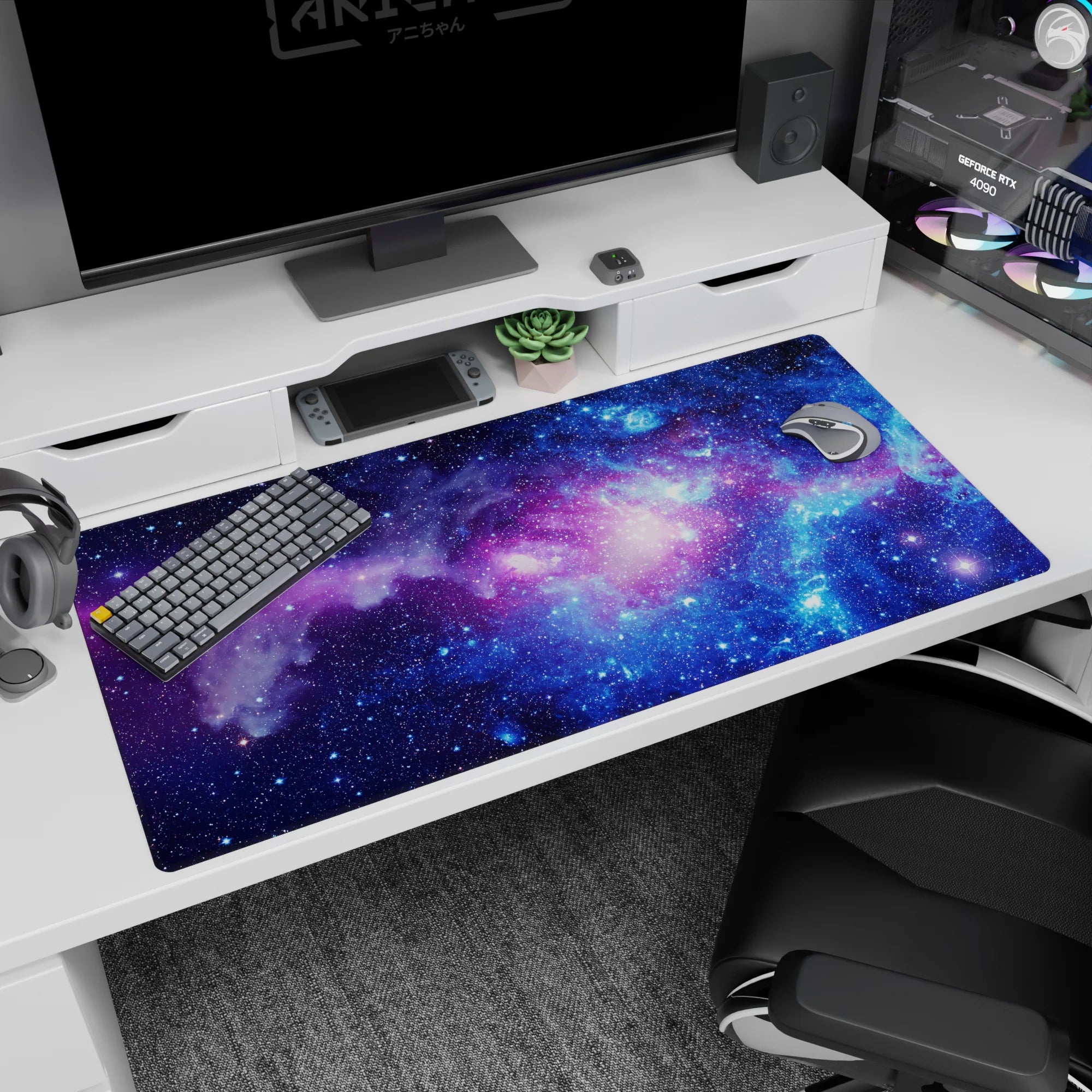 Starry space scene 40x20 inches desk pad featuring tiny sparkles over deep blue-purple nebula clouds.
