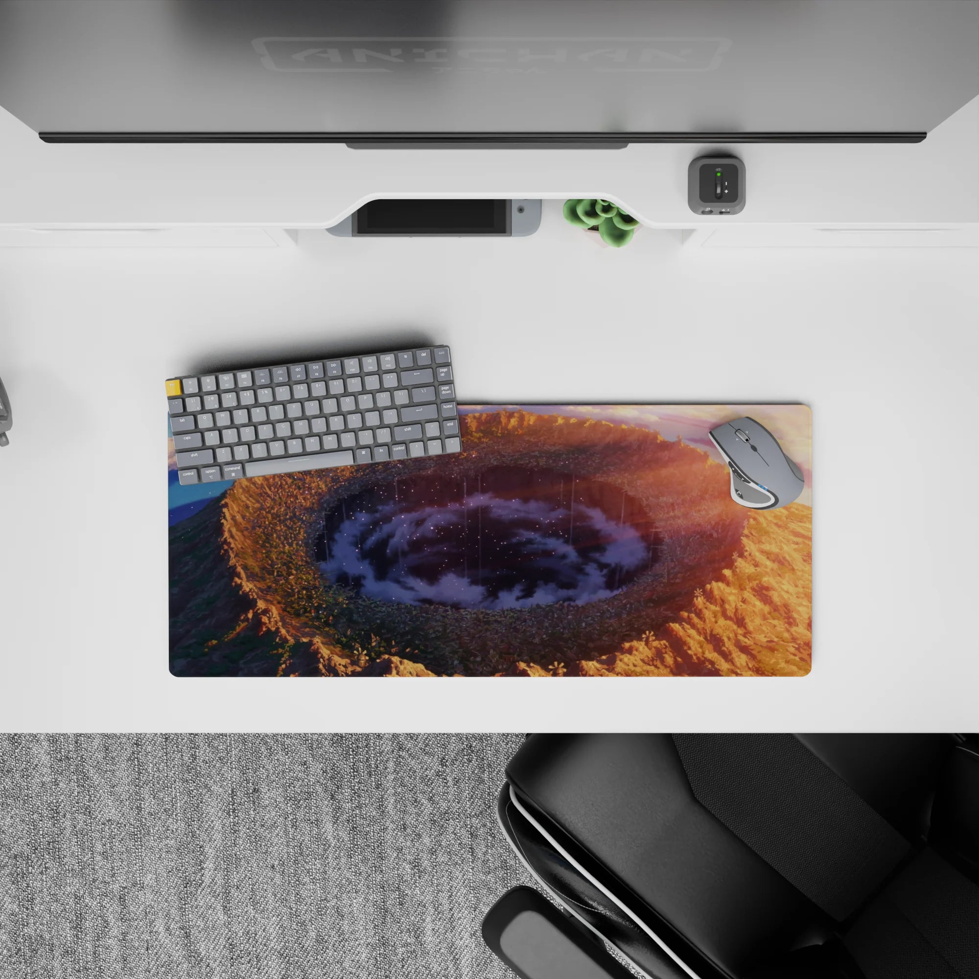 28x12 inches anime mouse pad in warm sunset gradients, deep blues, violet haze, and calm starry mood.