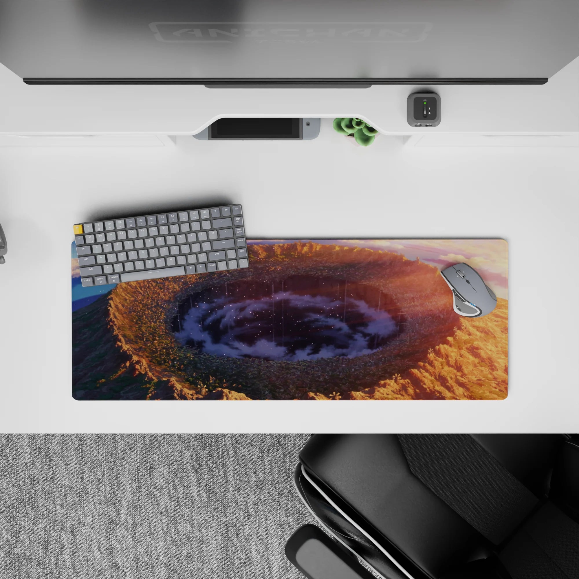 32x12 inches anime desk mat in sunset gold to deep blue gradients, dreamy violet haze and quiet starlit rain.