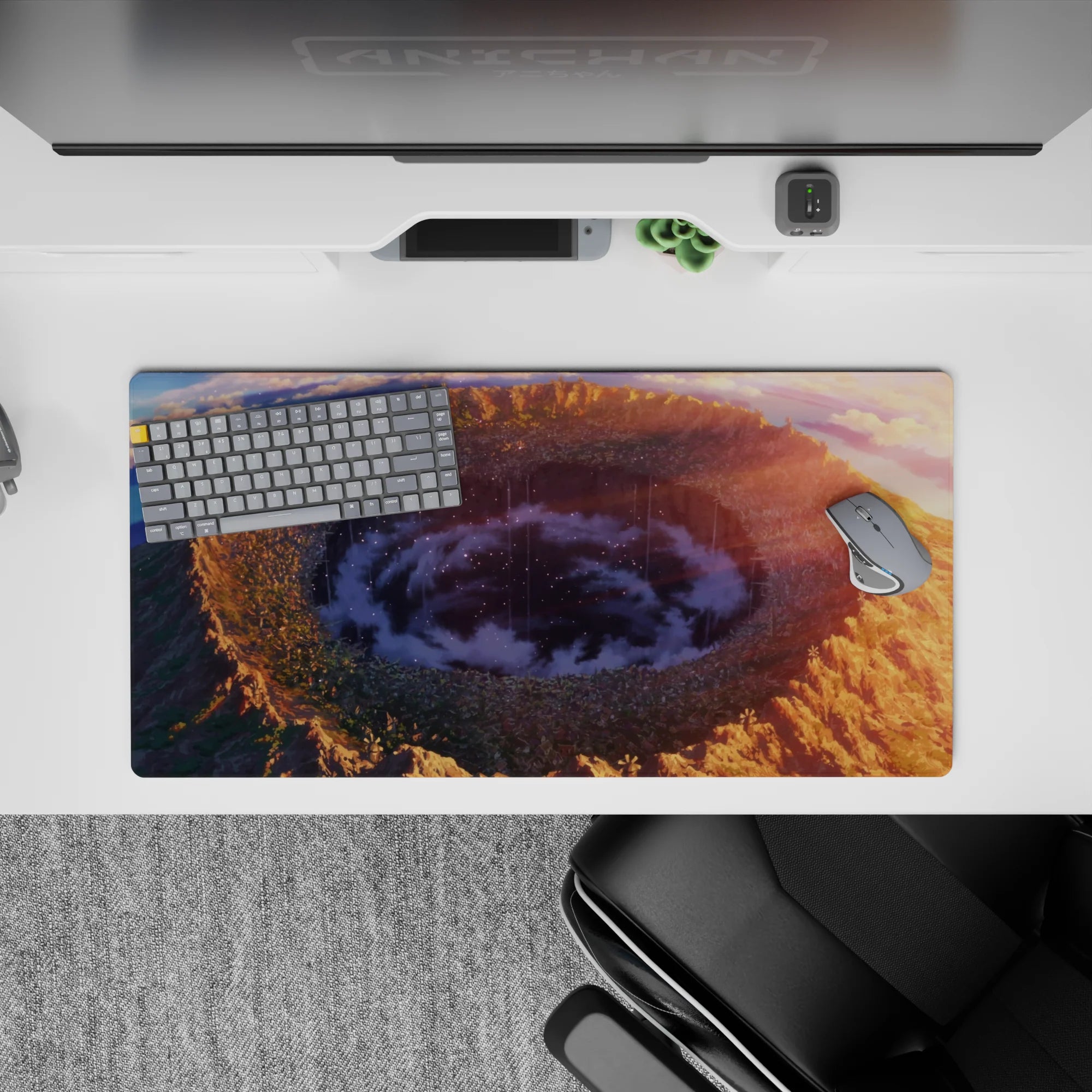 32x16 inches anime mouse pad in warm sunset gradients fading to deep blue and violet haze, calm and cozy.