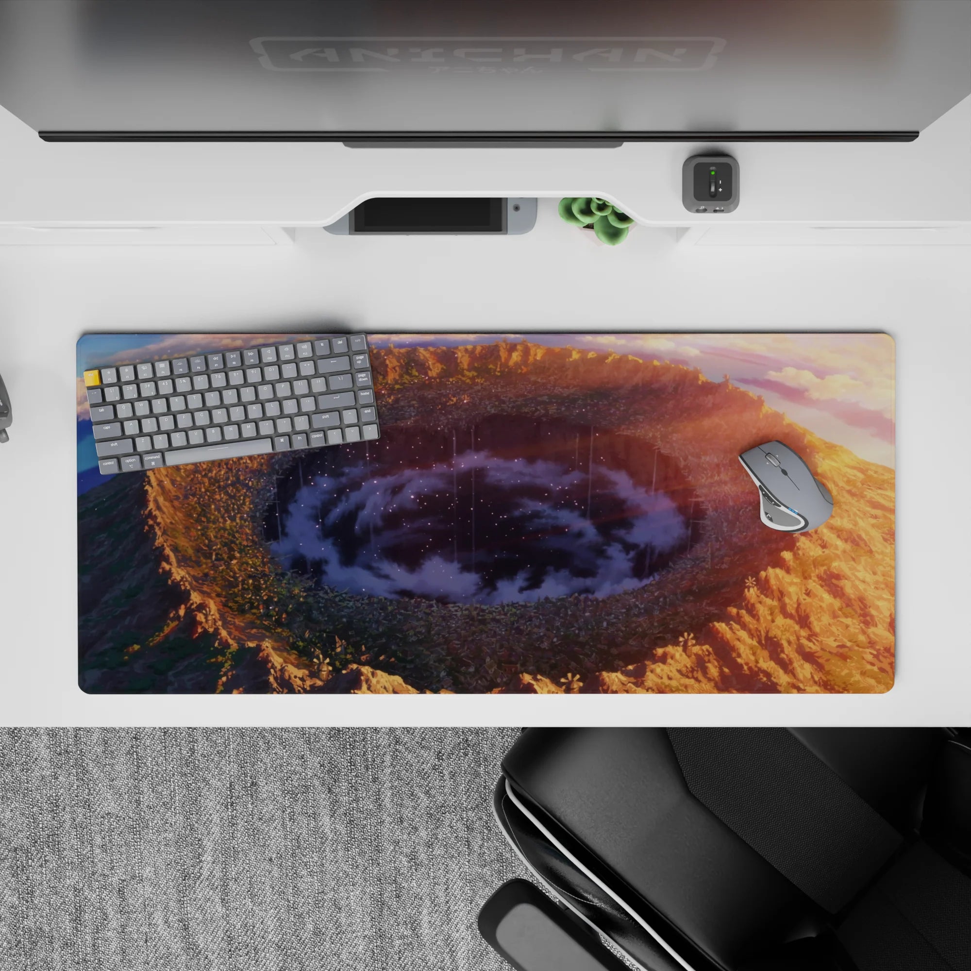 36x16 inches anime desk pad in warm sunset gradients, deep blues, and violet haze with calm storm vibes.