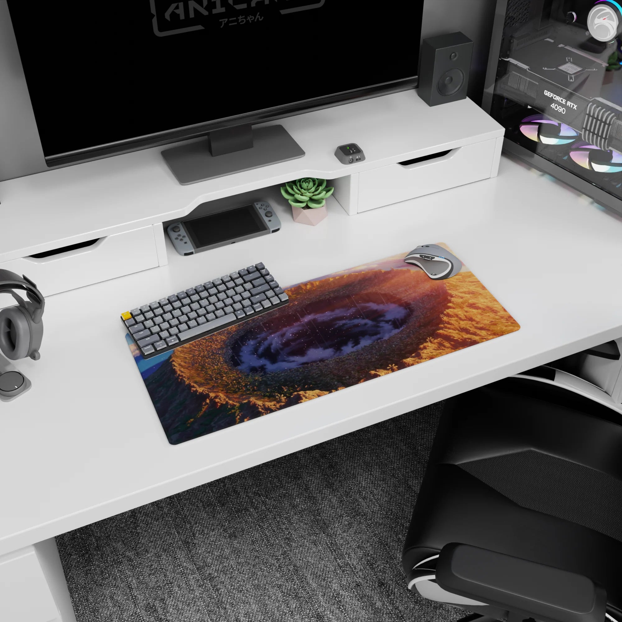 28x12 inches anime mouse pad showing a colossal crater under a spiraling midnight storm with sparkling stars.