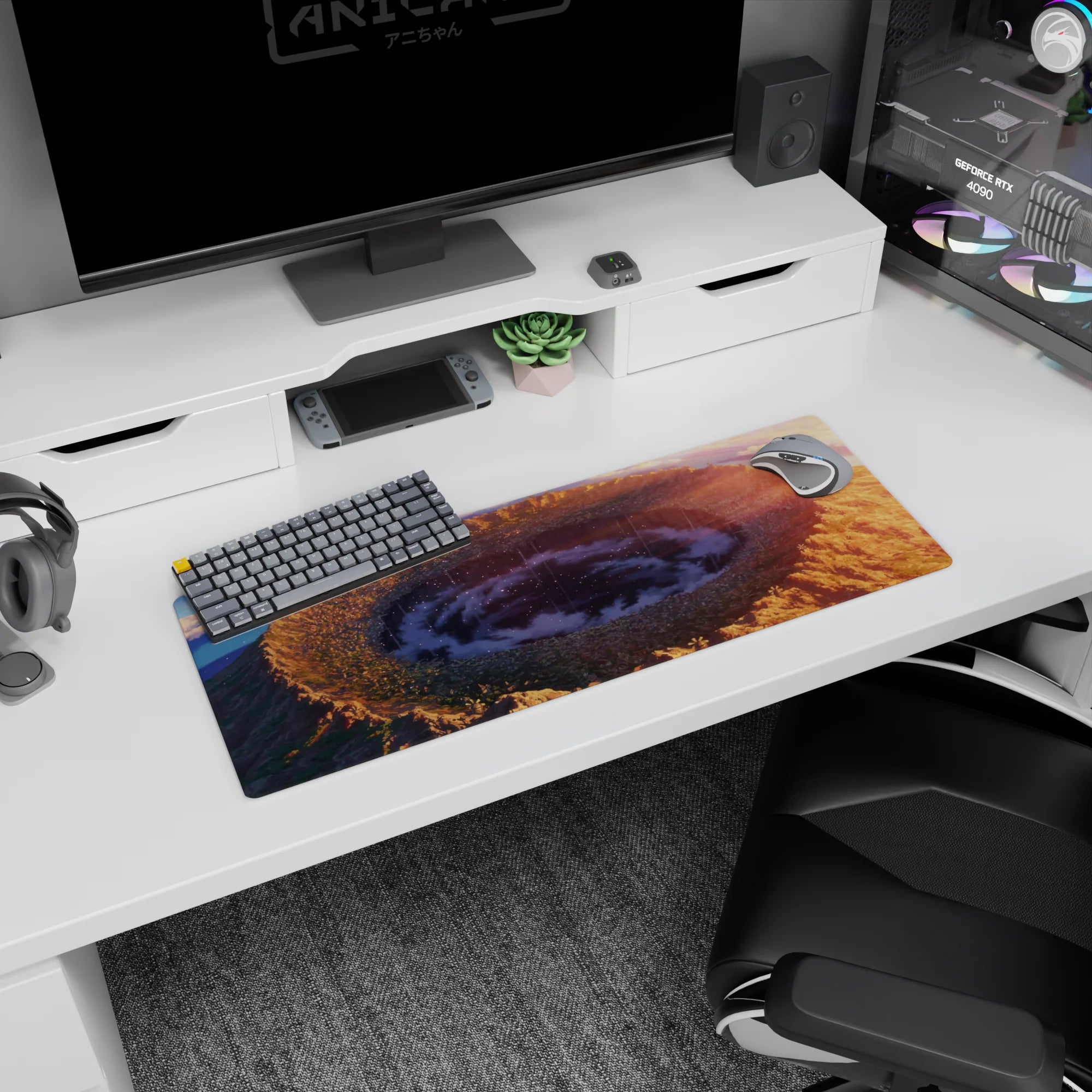 32x12 inches anime mouse pad showing a midnight cloud vortex over a crater, starlike sparks and thin rain lines.