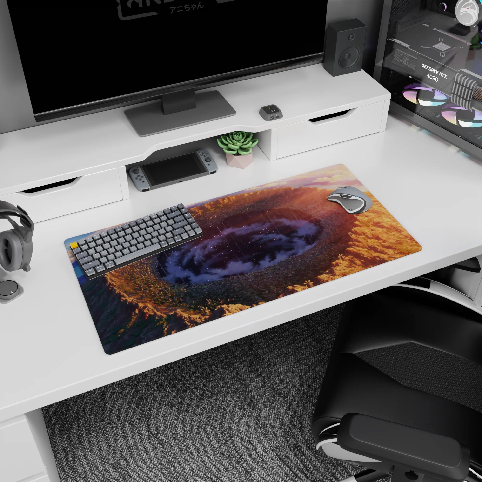 32x16 inches anime mouse pad showing a midnight cloud vortex over a giant crater with sparkles and rain streaks.