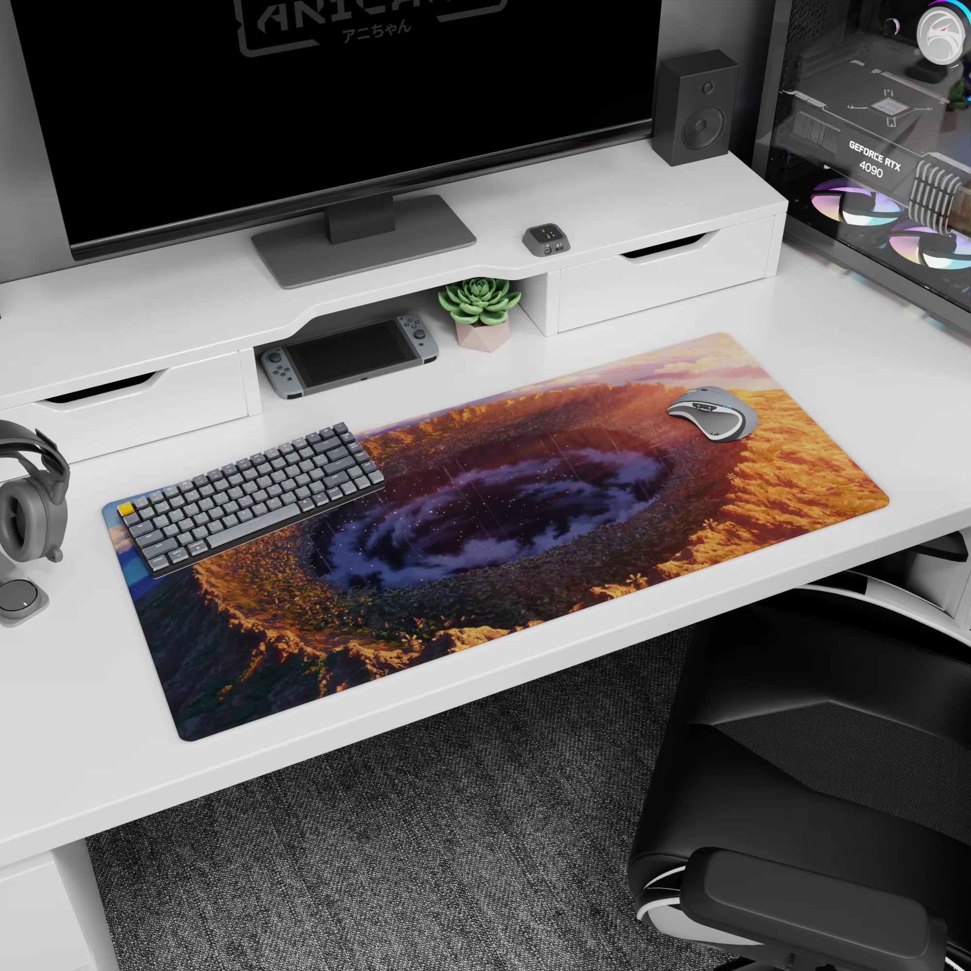 36x16 inches anime desk pad showing midnight clouds spiraling in a crater with starlike sparks and rain lines.