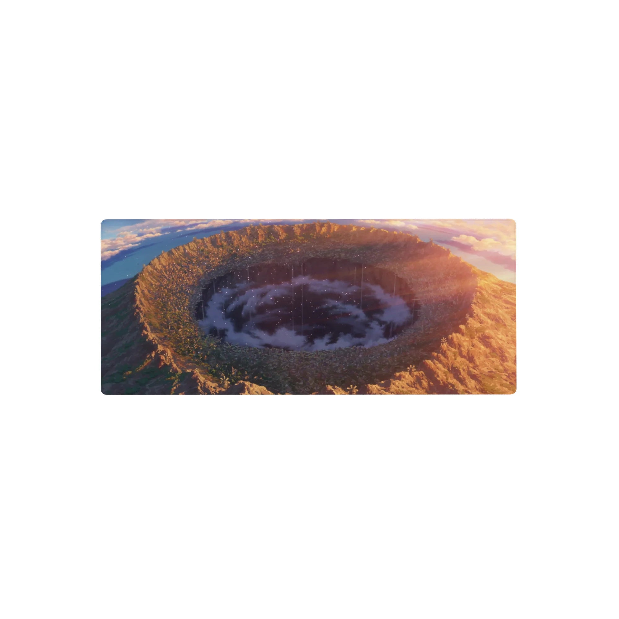 28x12 inches anime mouse pad with crater landscape, golden cliffs, wildflowers, and swirling night clouds.