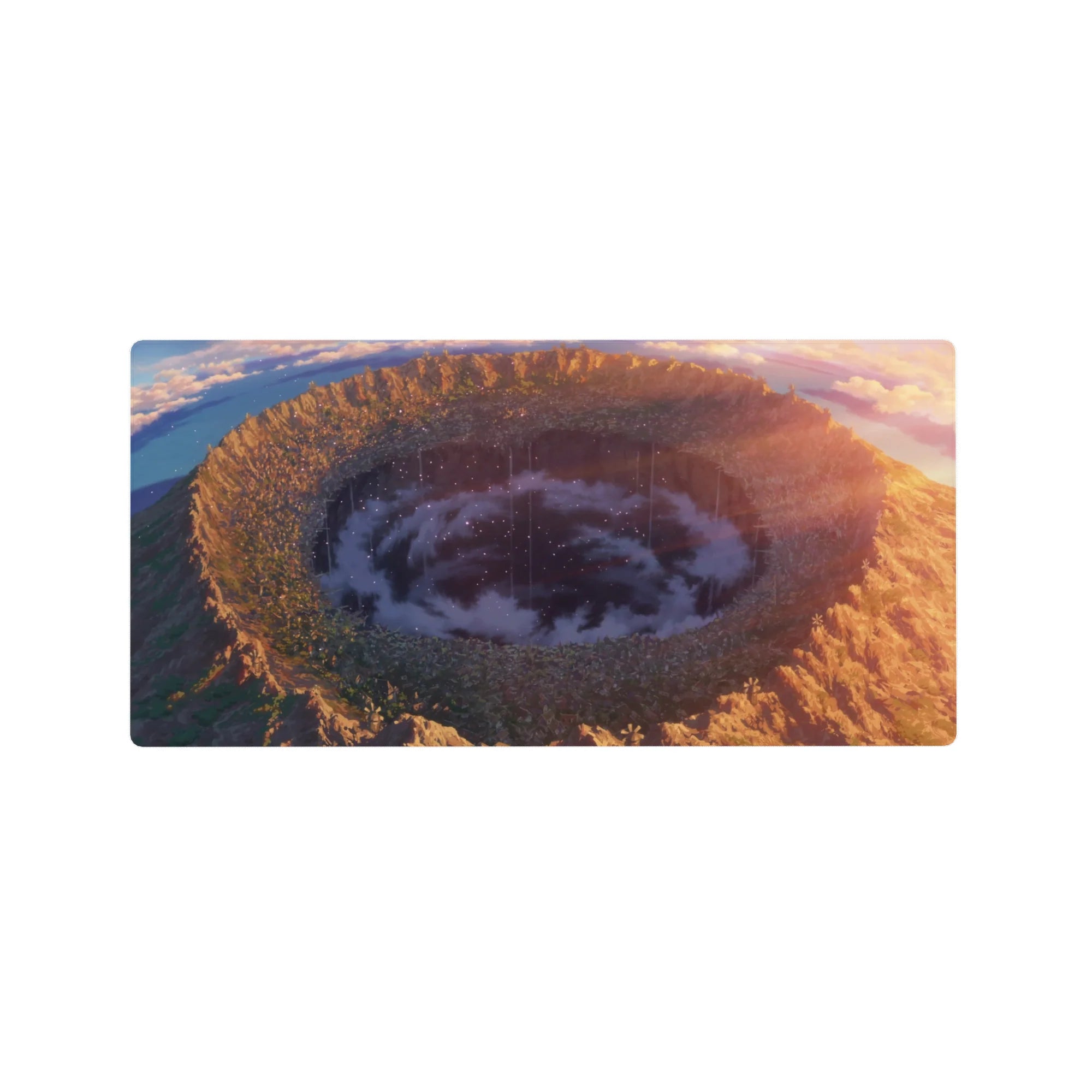 32x16 inches anime mouse pad with crater valley, golden cliffs, wildflowers, and swirling starry clouds.