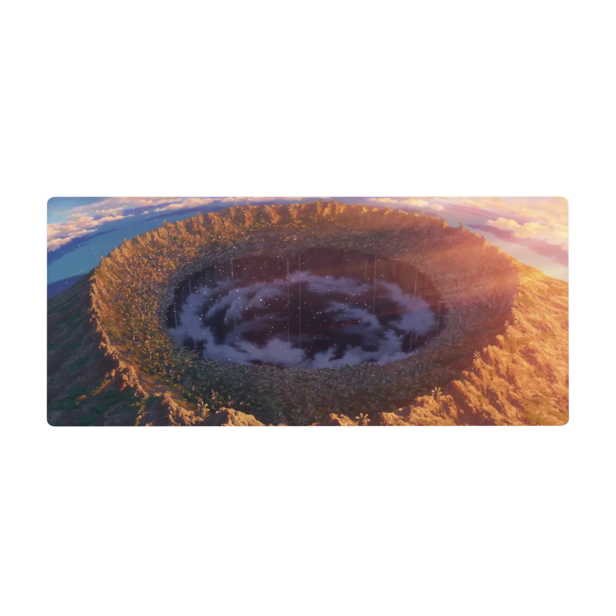 36x16 inches anime desk pad with colossal crater, golden cliffs, wildflowers, and swirling starry clouds.