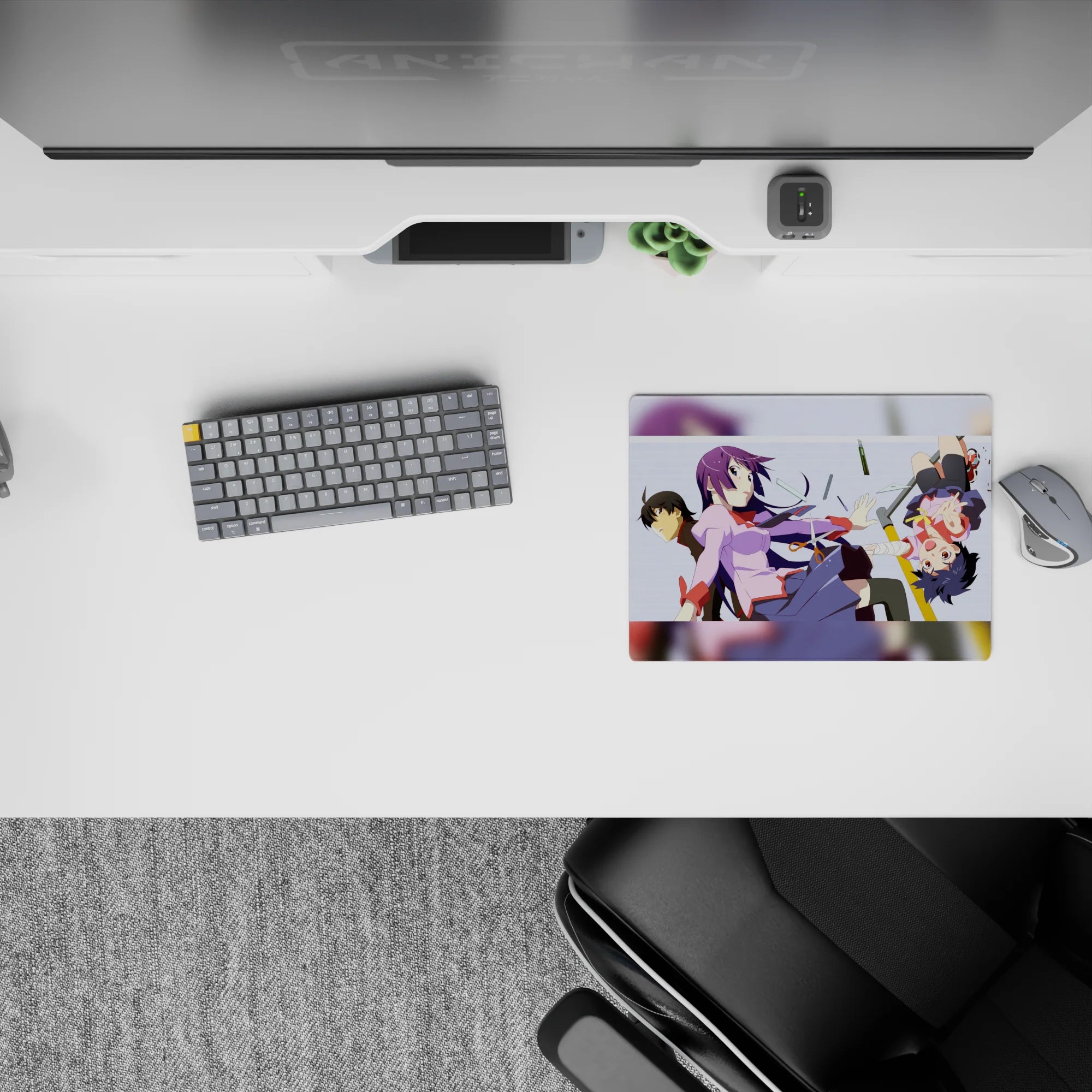 Lilac and navy anime girl mouse pad 14x10 inches, crisp white lines, cozy schoolwork vibe, smooth tracking.