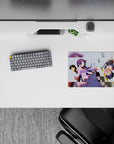 Lilac and navy anime girl mouse pad 14x10 inches, crisp white lines, cozy schoolwork vibe, smooth tracking.
