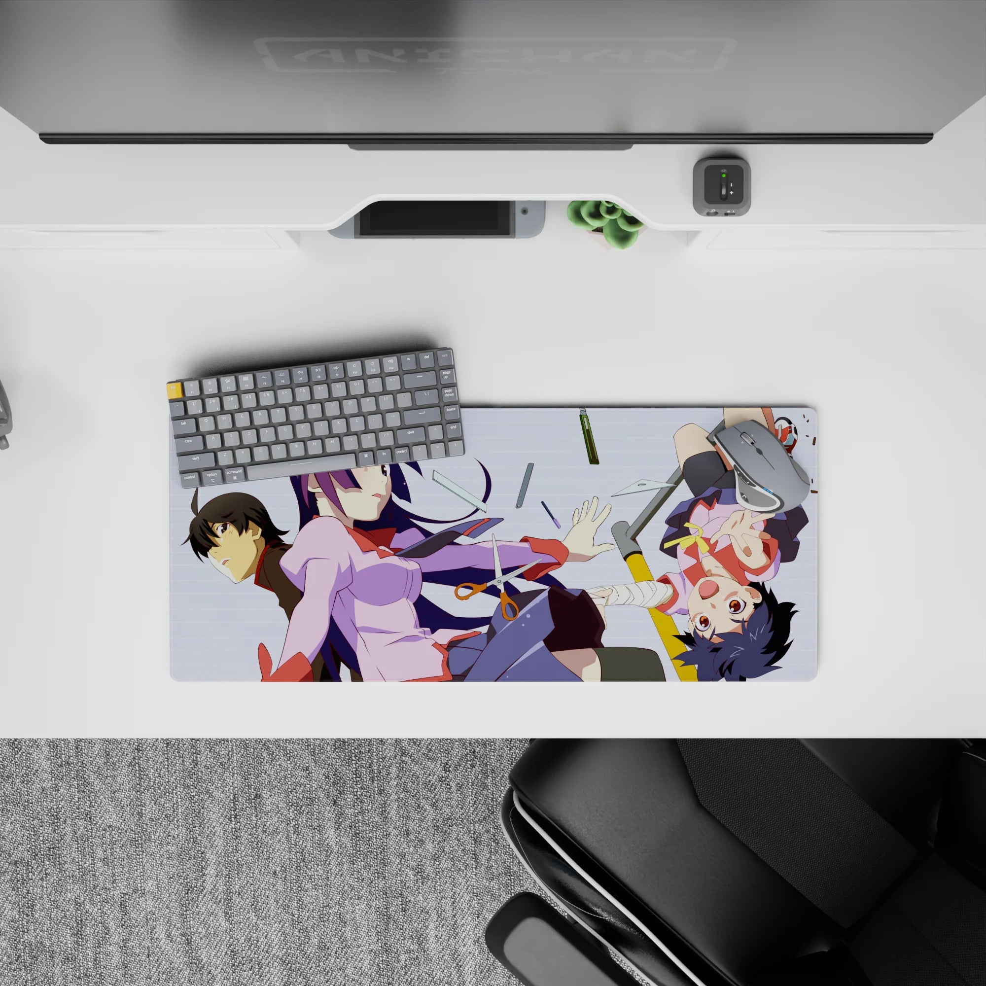 Lilac and navy anime girl mouse pad 28x12 inches with crisp white line art, cozy troublemaker vibe.