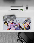 Lilac and navy anime girl mouse pad 28x12 inches with crisp white line art, cozy troublemaker vibe.