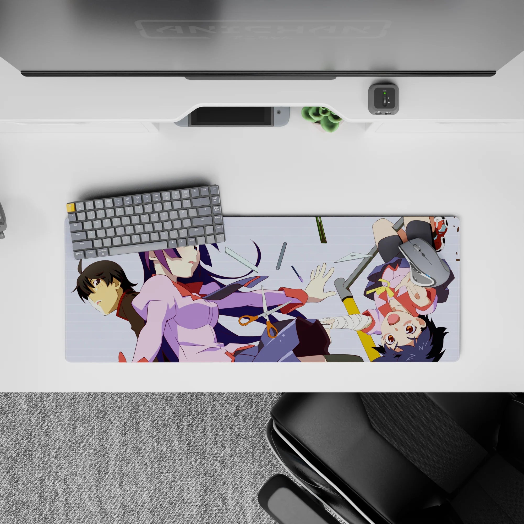 32x12 inches extended anime mouse pad in lilac, navy, and white line art with cozy troublemaker vibe.