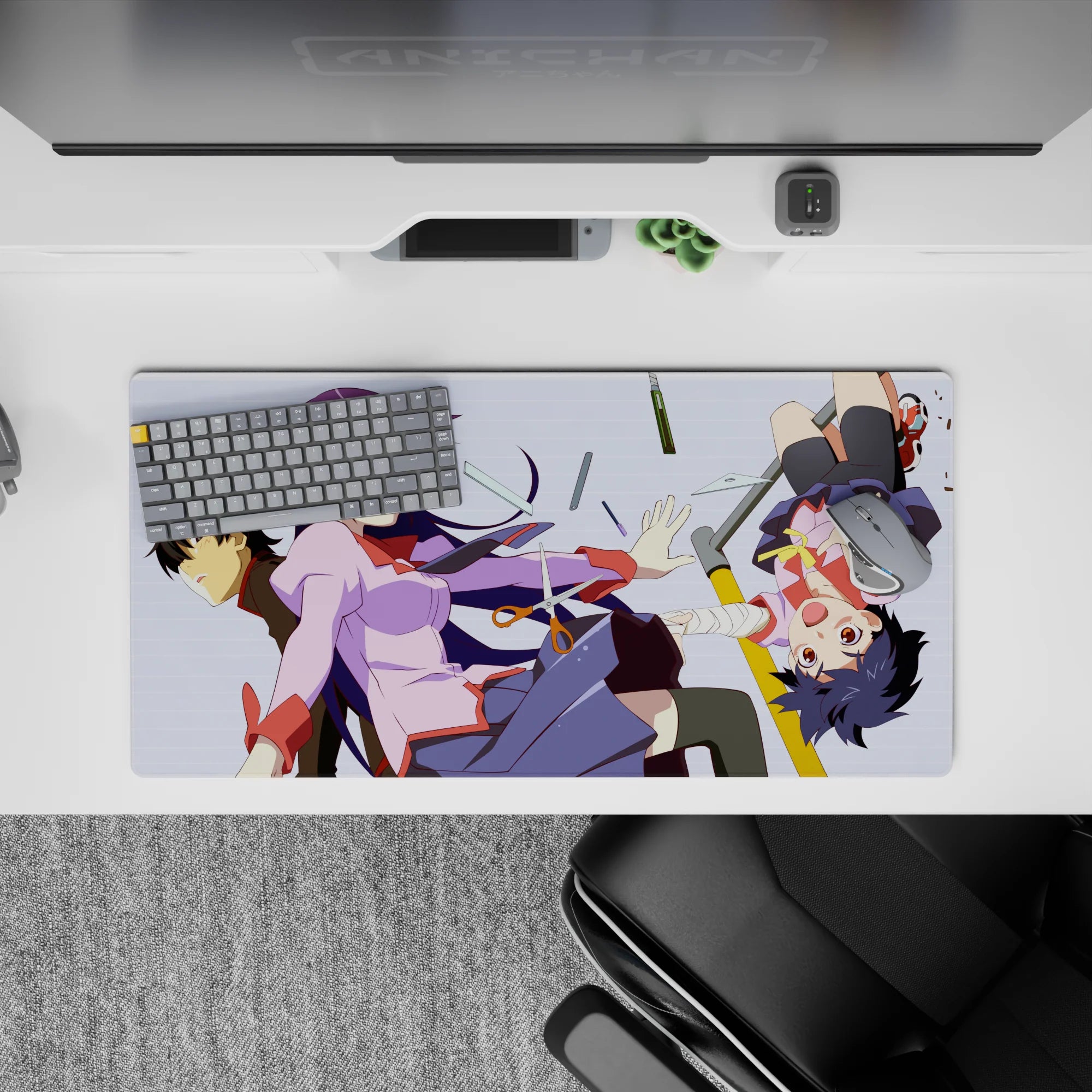 32x16 inches anime girl mouse pad in lilac and navy with crisp white lines, cozy pastel chaos vibe.