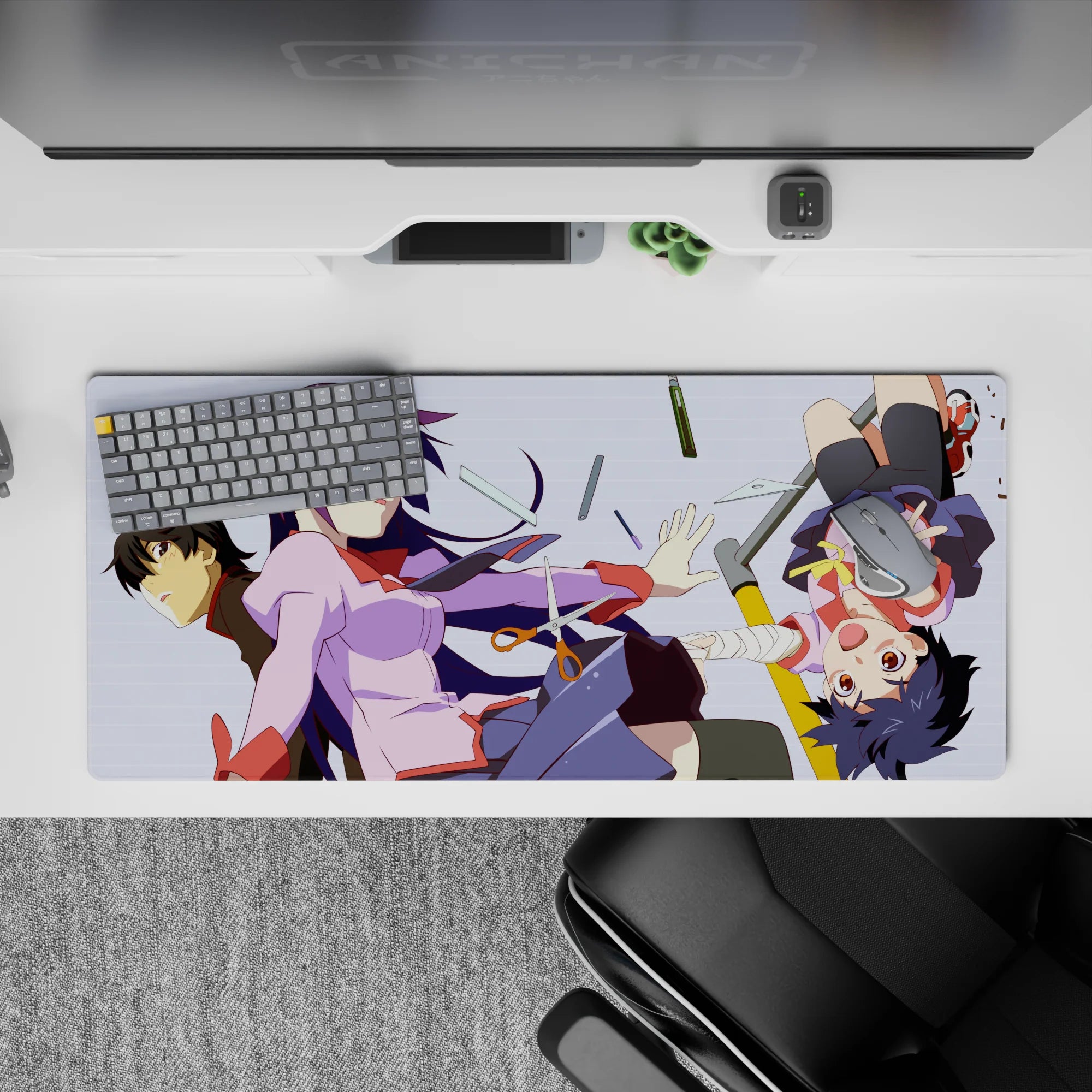 Pastel lilac and navy anime girl desk pad 36x16 inches with crisp white lines and playful chaos.