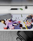 Pastel lilac and navy anime girl desk pad 36x16 inches with crisp white lines and playful chaos.