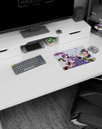 Monogatari Series mouse pad 14x10 inches with Senjougahara, Araragi, and Hachikuji amid flying pencils.