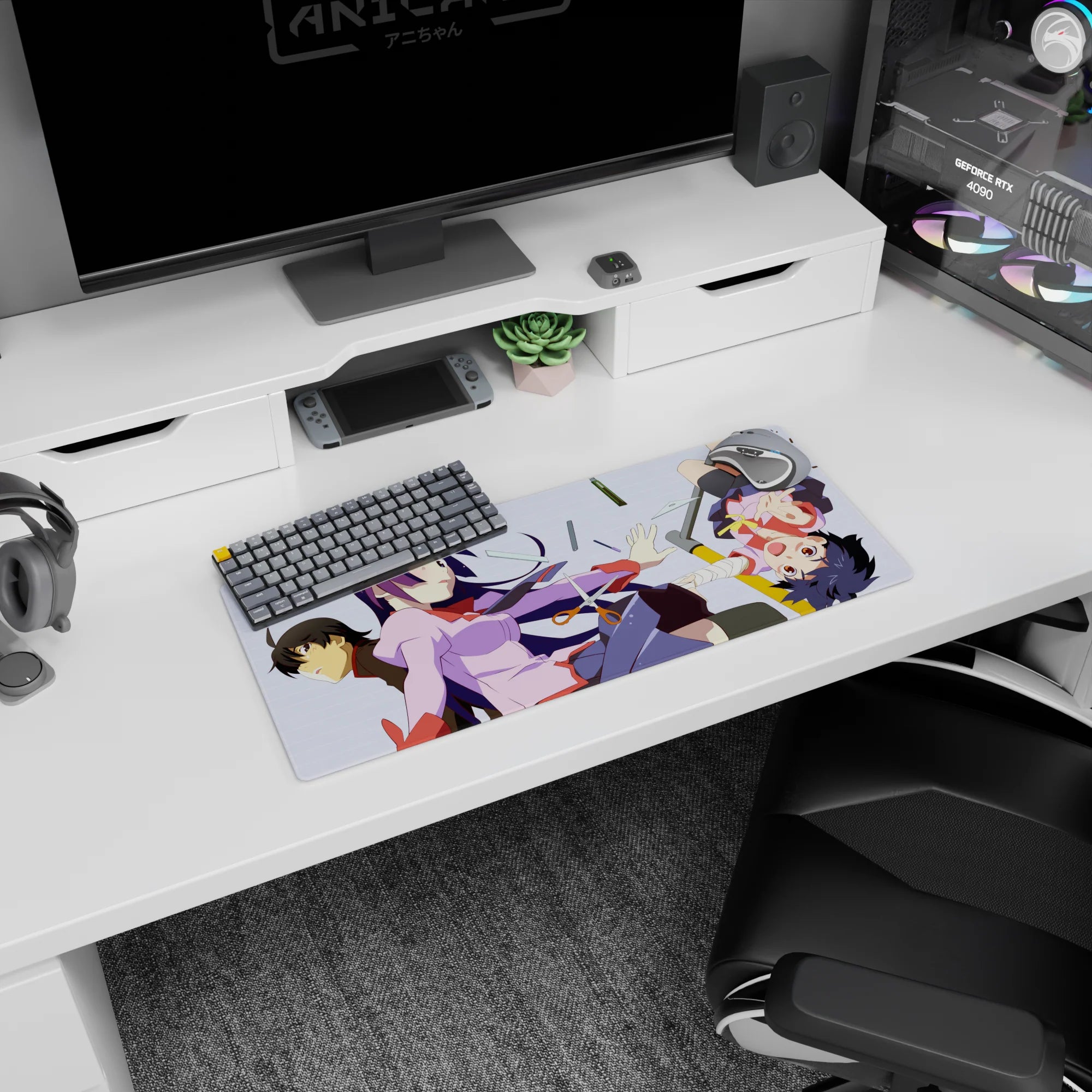 Hitagi Senjougahara and Koyomi Araragi anime girl mouse pad 28x12 inches with tumbling pencils.