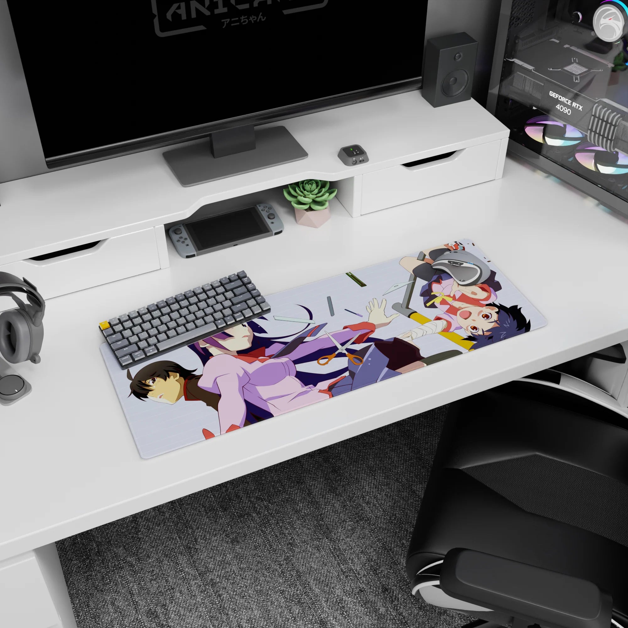 32x12 inches Monogatari Series mouse pad featuring Hitagi Senjougahara and friends tumbling with pencils.